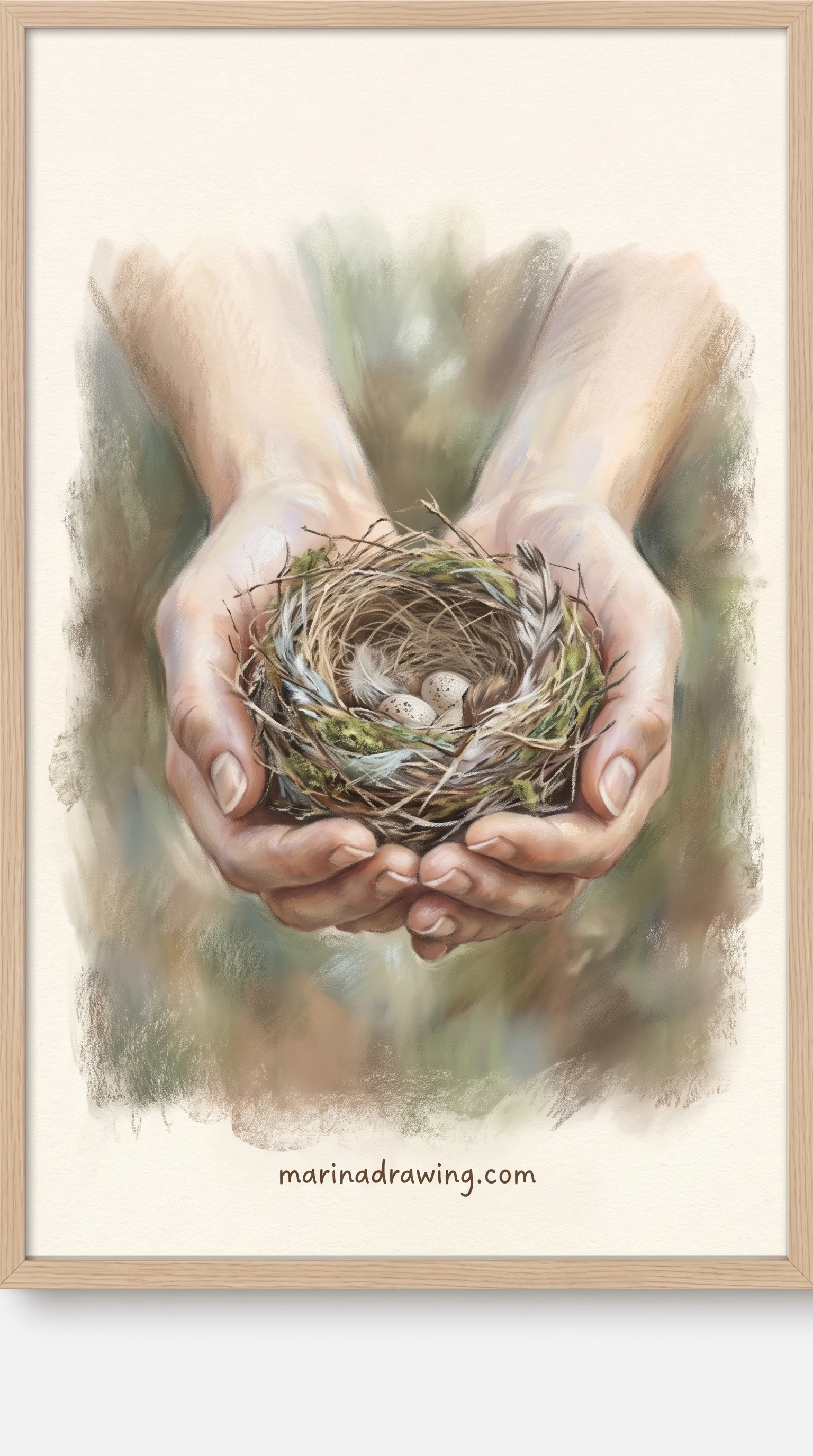 Hands gently holding a bird nest in illustration style