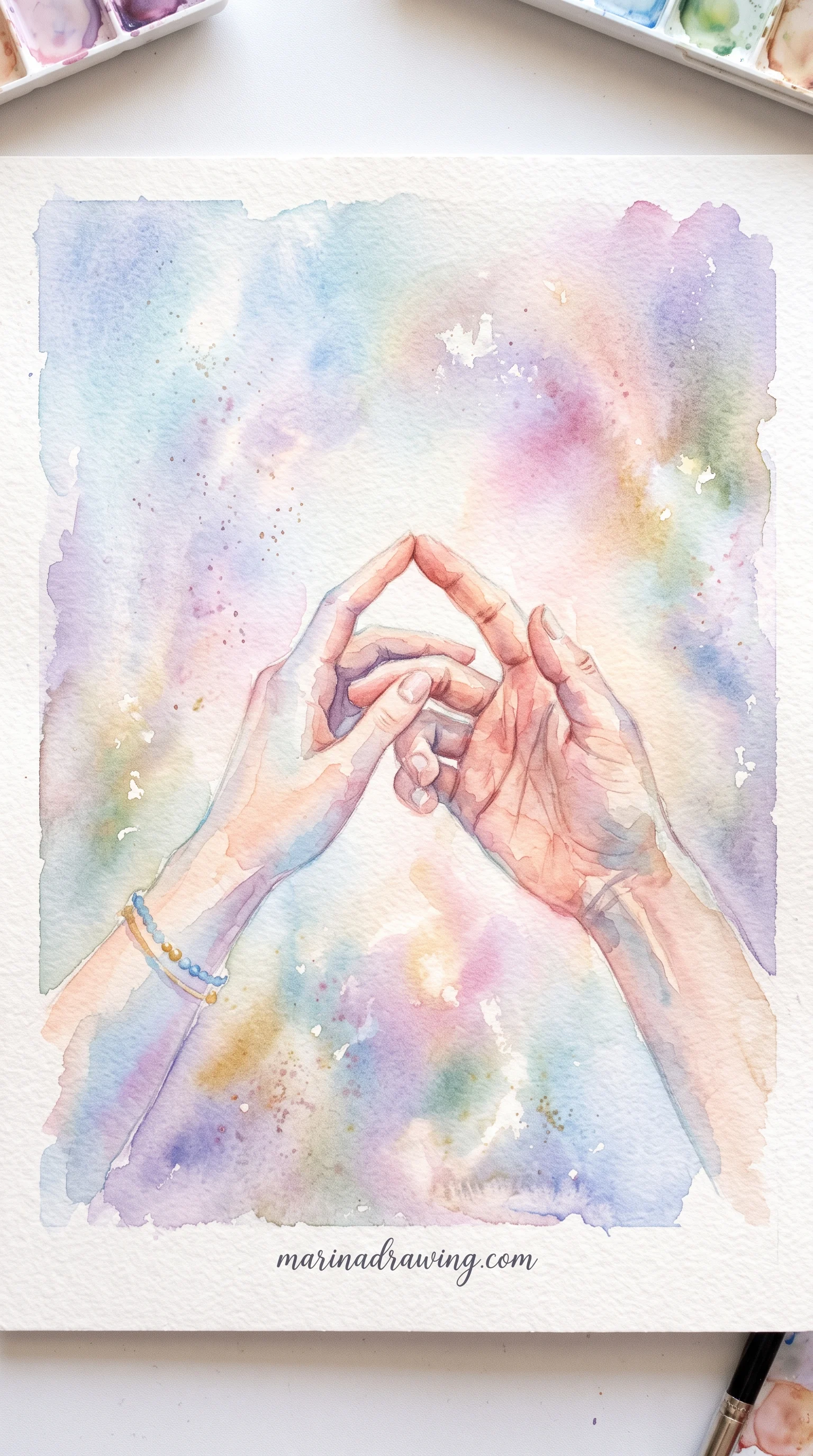 Two hands touching fingertips in a soft painterly style