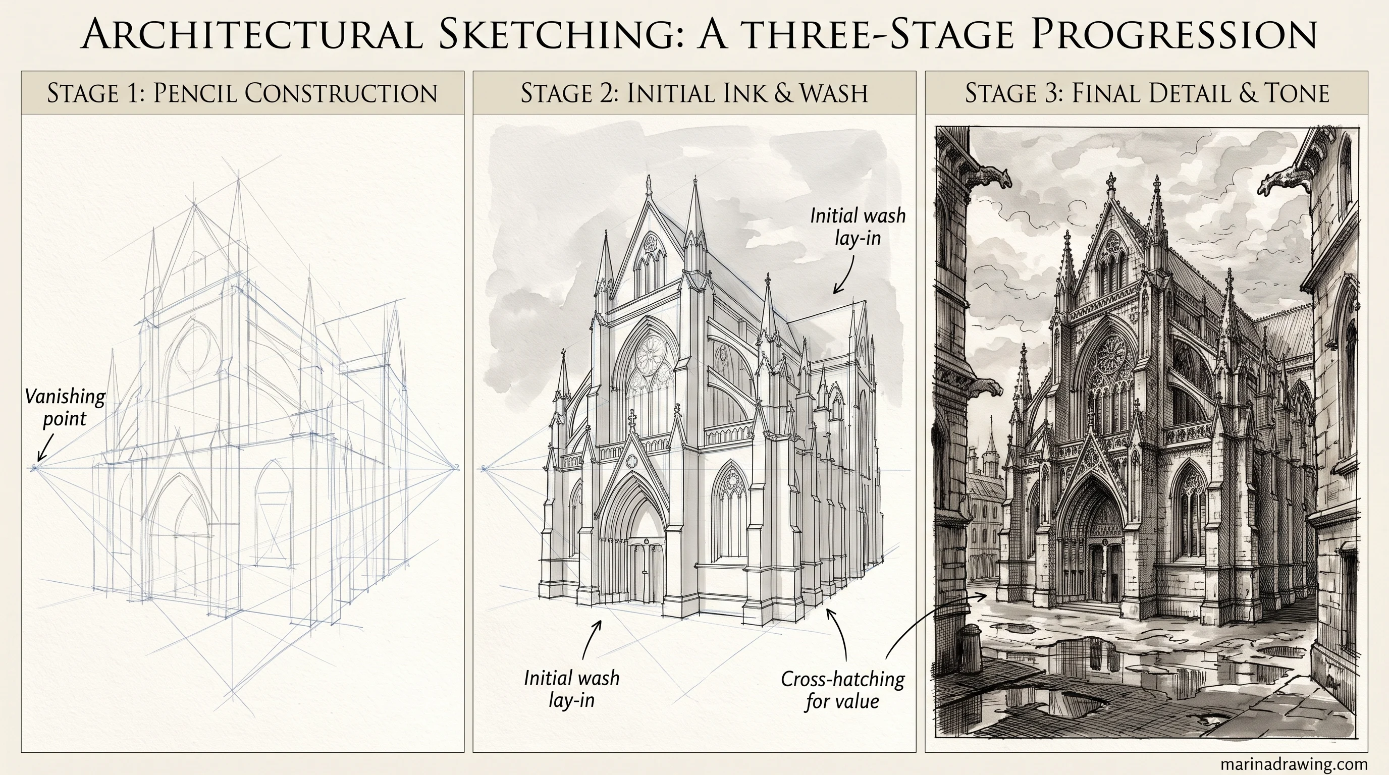 Sketching ideas from a window view, architectural sketch step by step drawing