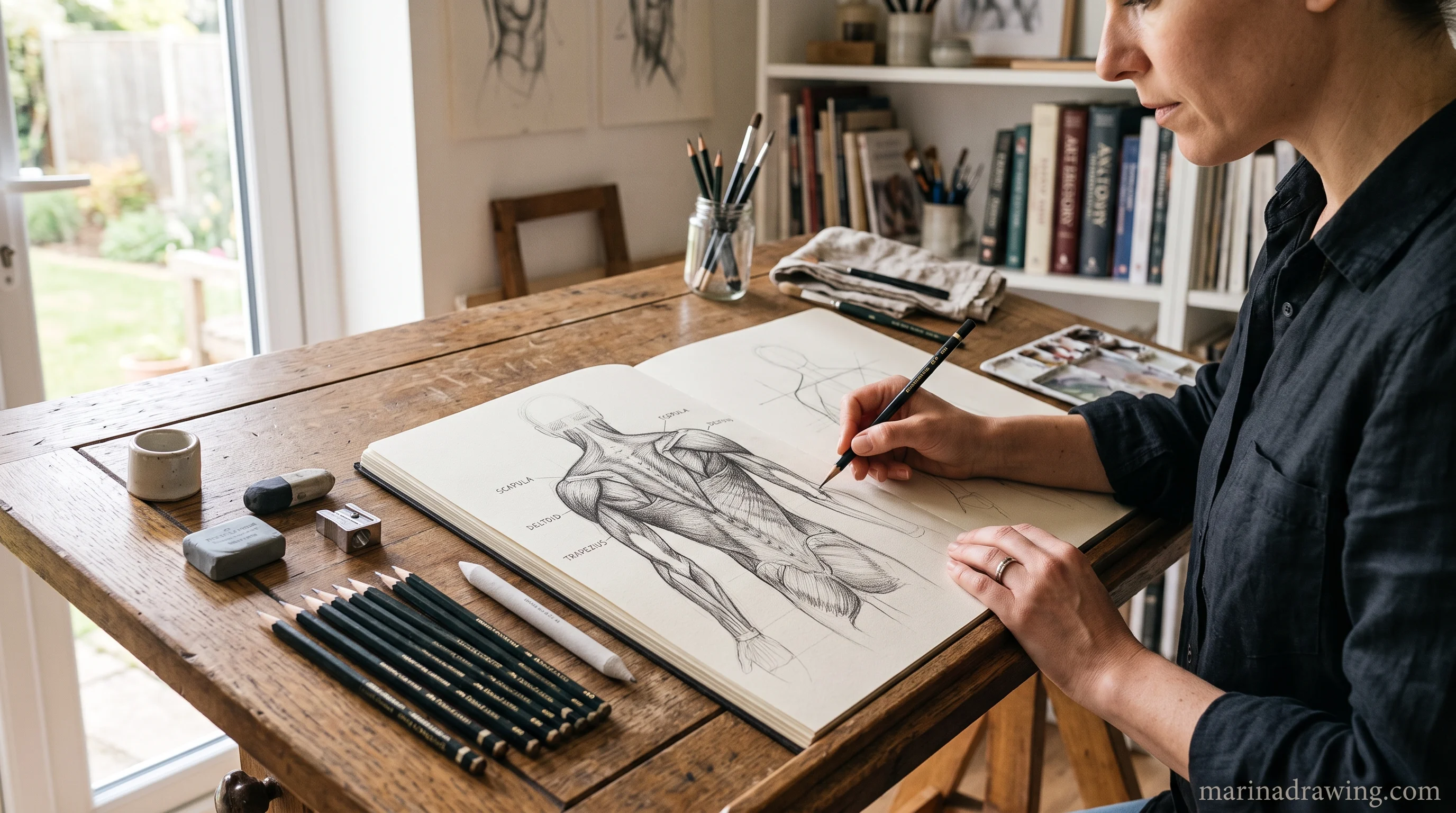 Sketch ideas tools laid out on an artist's drafting table step by step drawing
