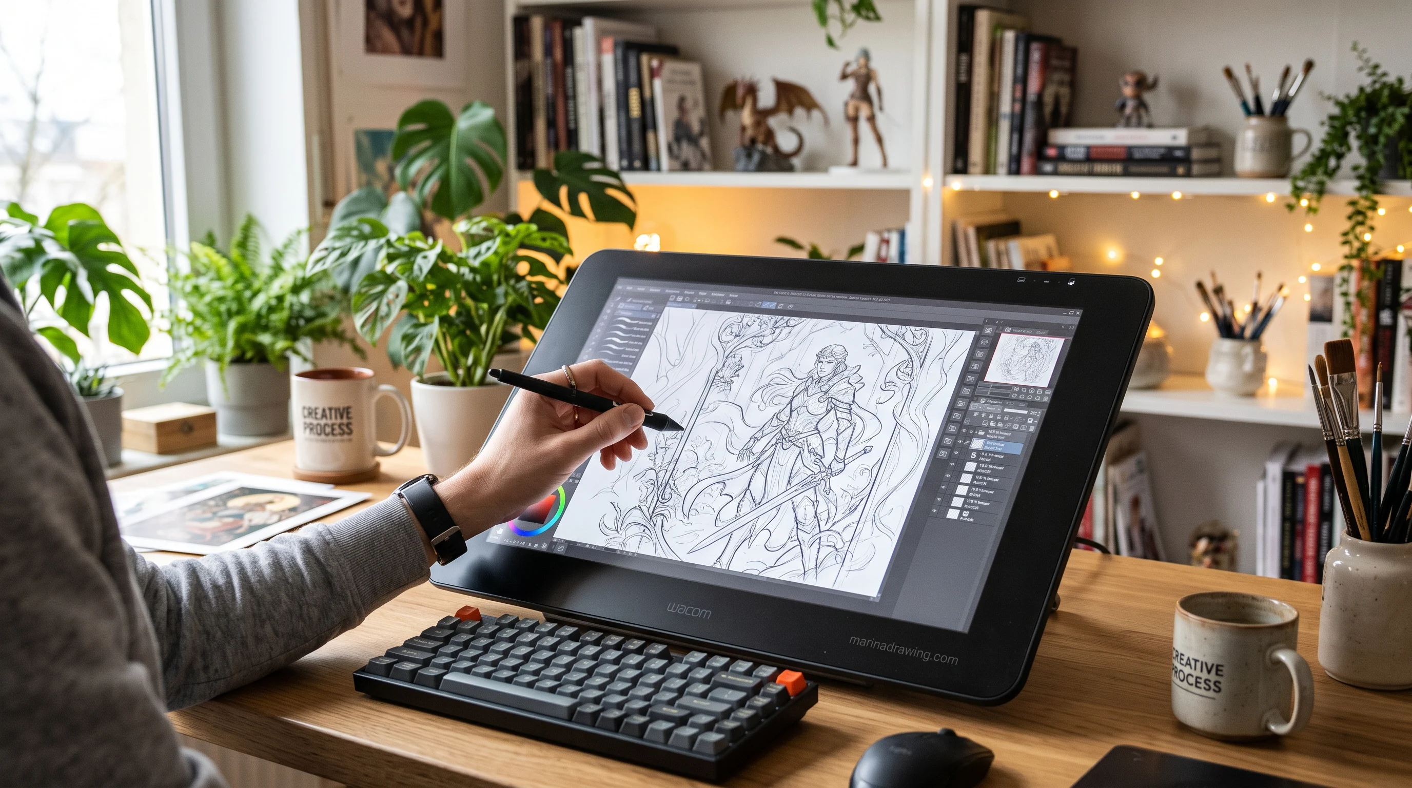 Interactive sketchbook ideas, artist drawing on a graphics tablet step by step drawing