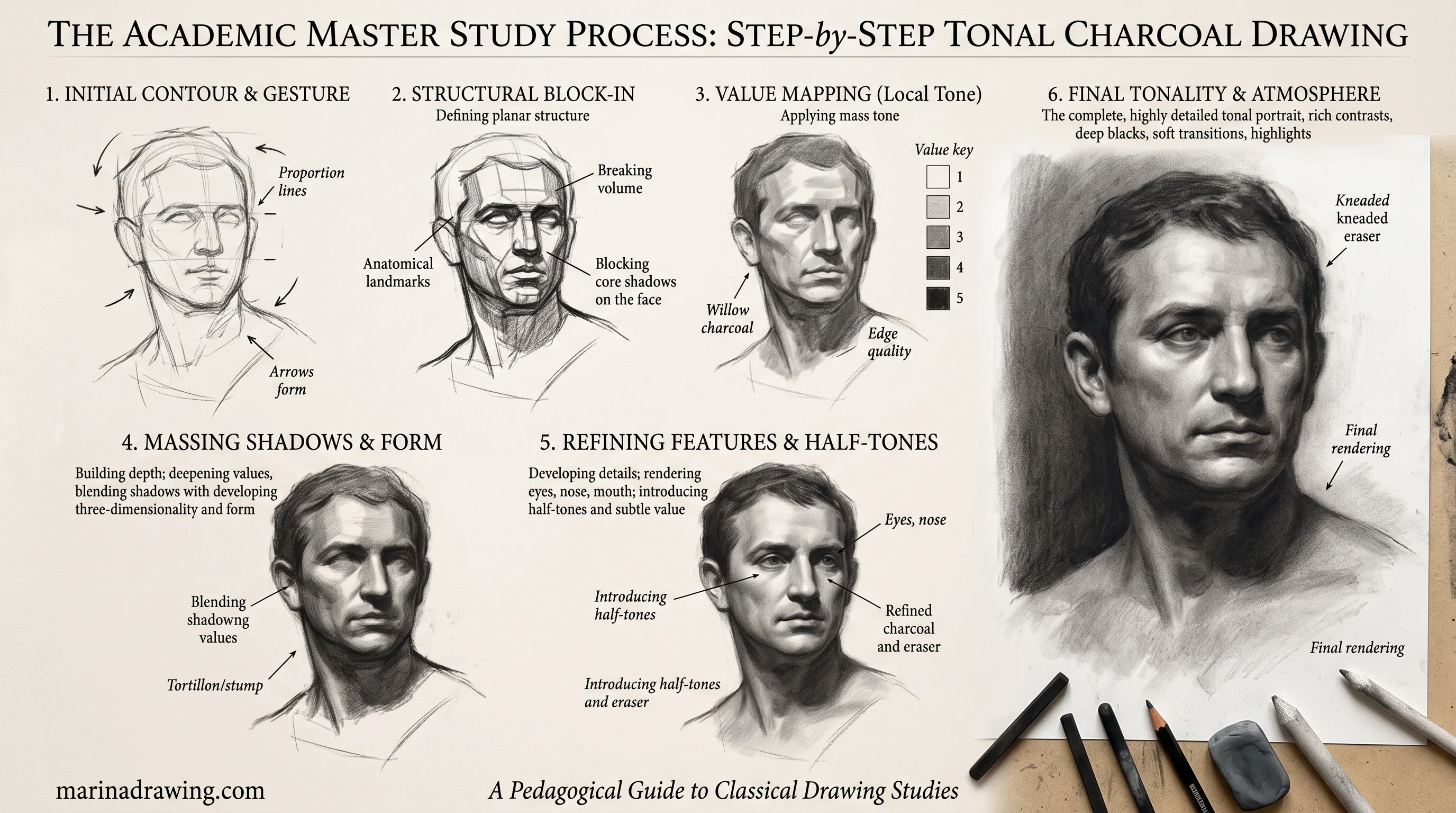 Sketch book ideas, charcoal drawing process shown in steps step by step drawing