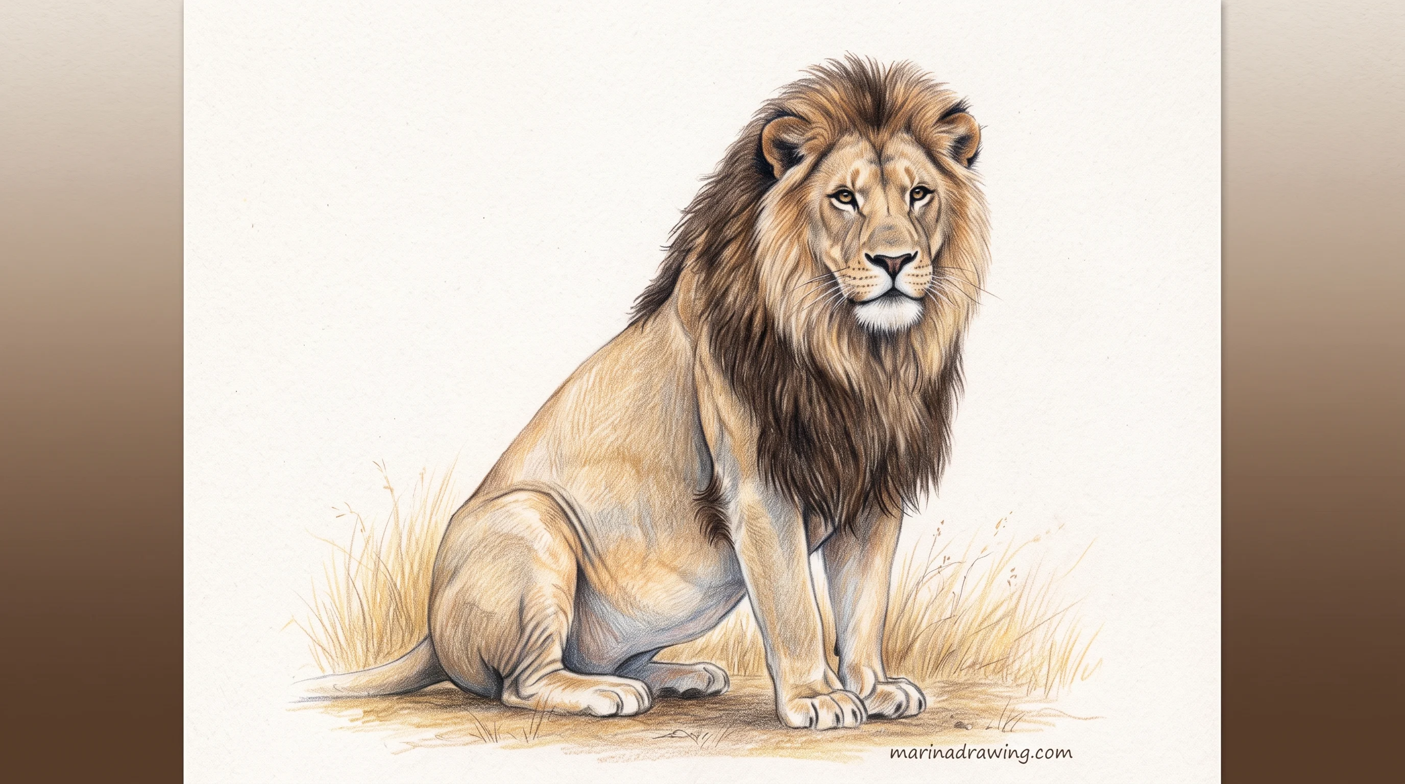 Coloured pencil lion built in layers, warm fur over a cool shadow