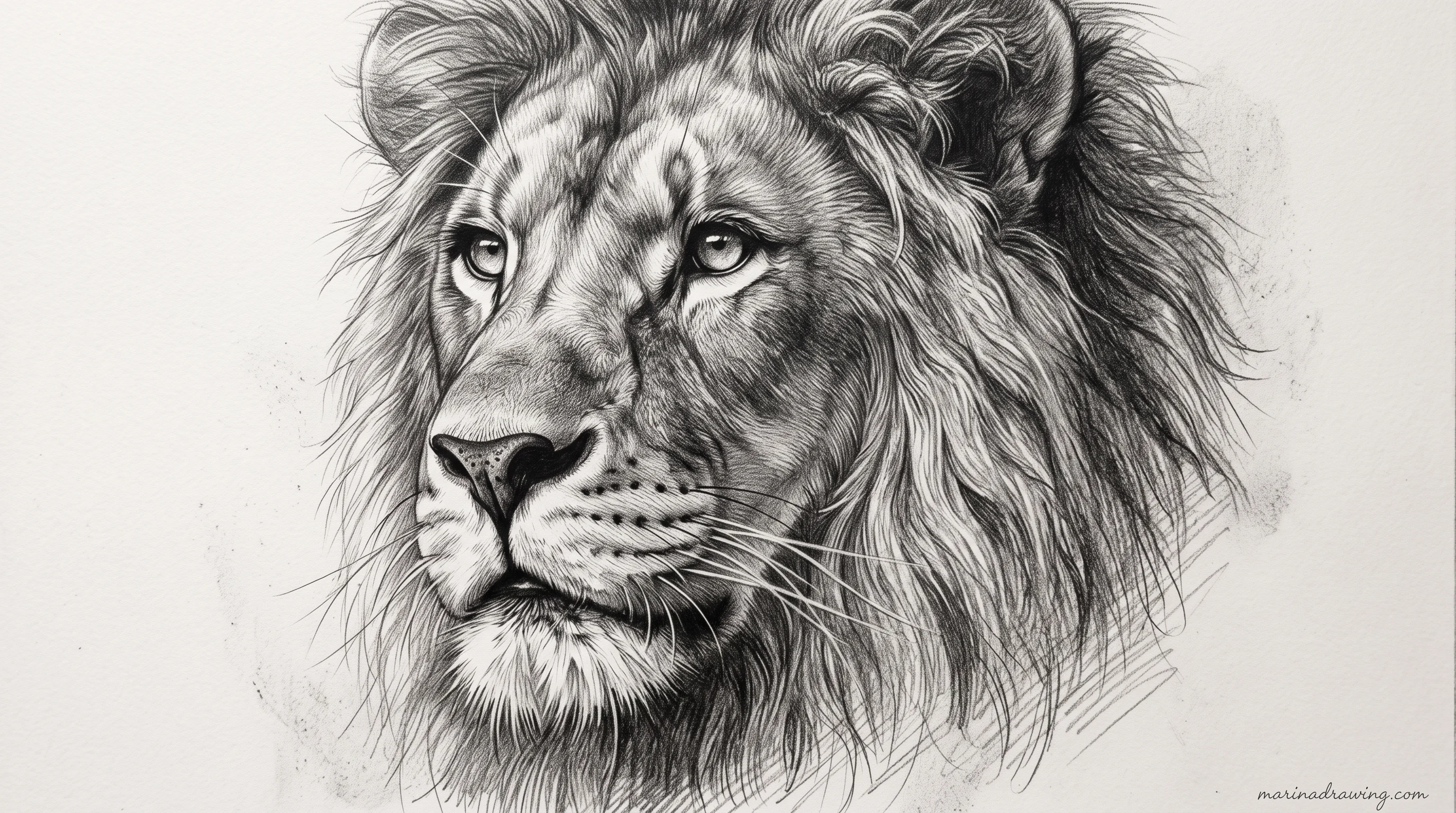 Lion drawn with one graphite pencil from light sketch to dark mane