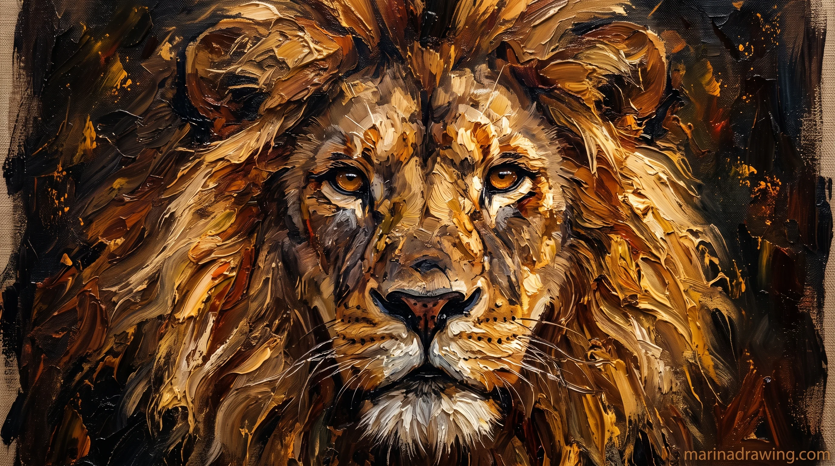 Lion head painted in flat warm tones over the same skull-and-mane build