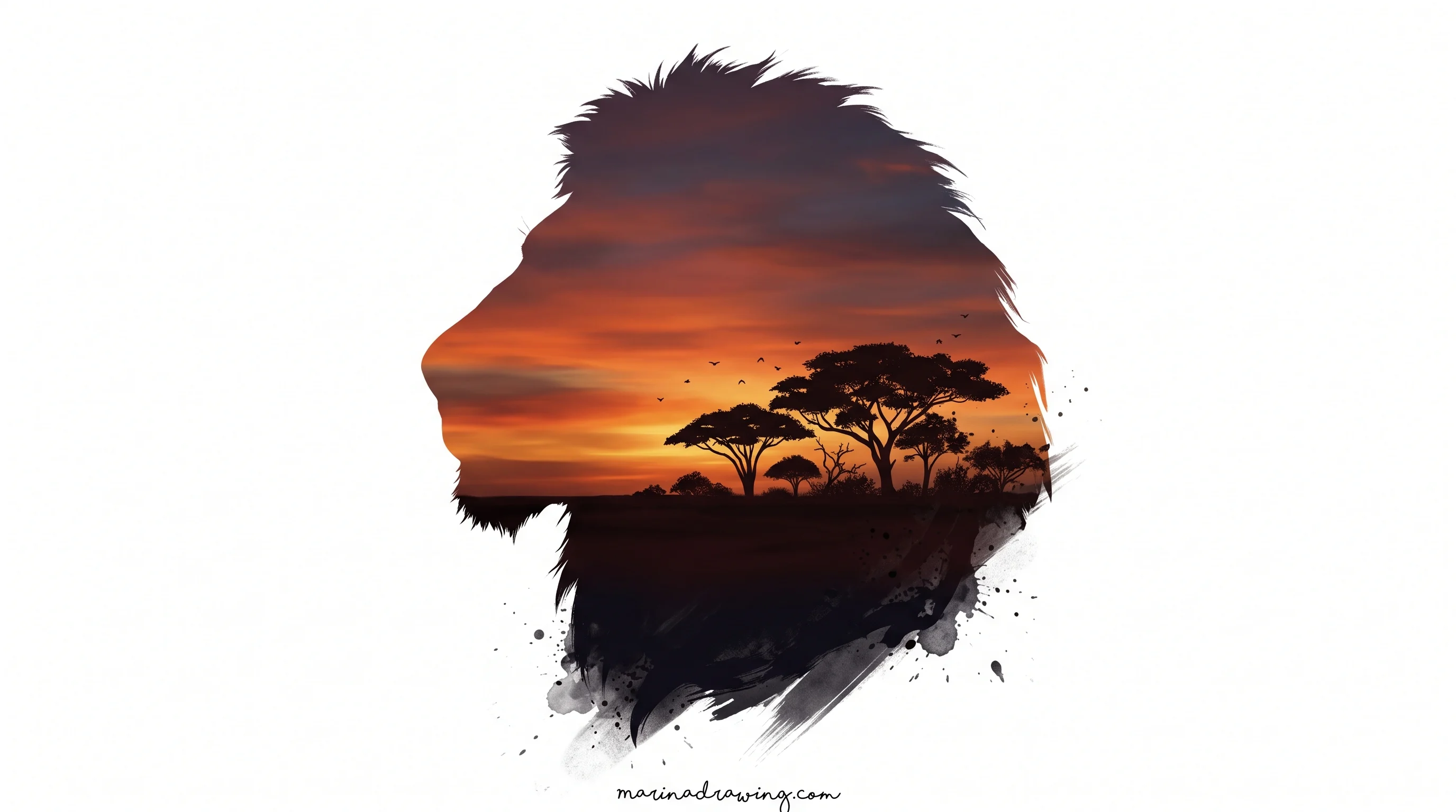 Lion silhouette filled with a sunset scene instead of fur detail
