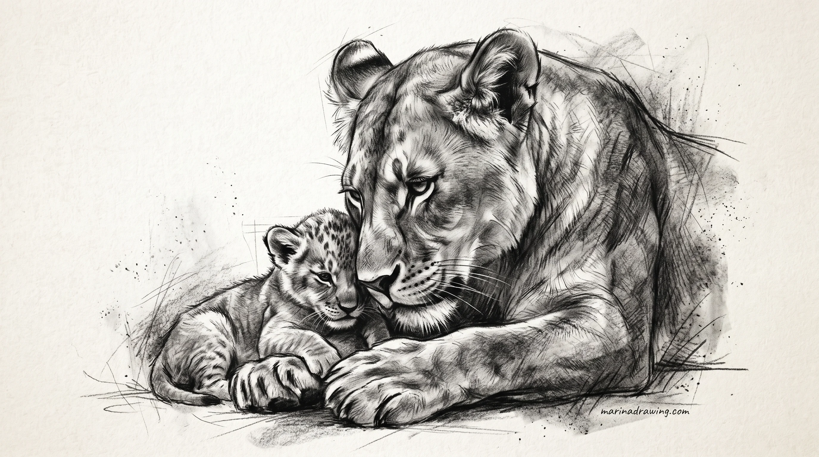 Lioness sketched beside her cub so the two head sizes can be compared