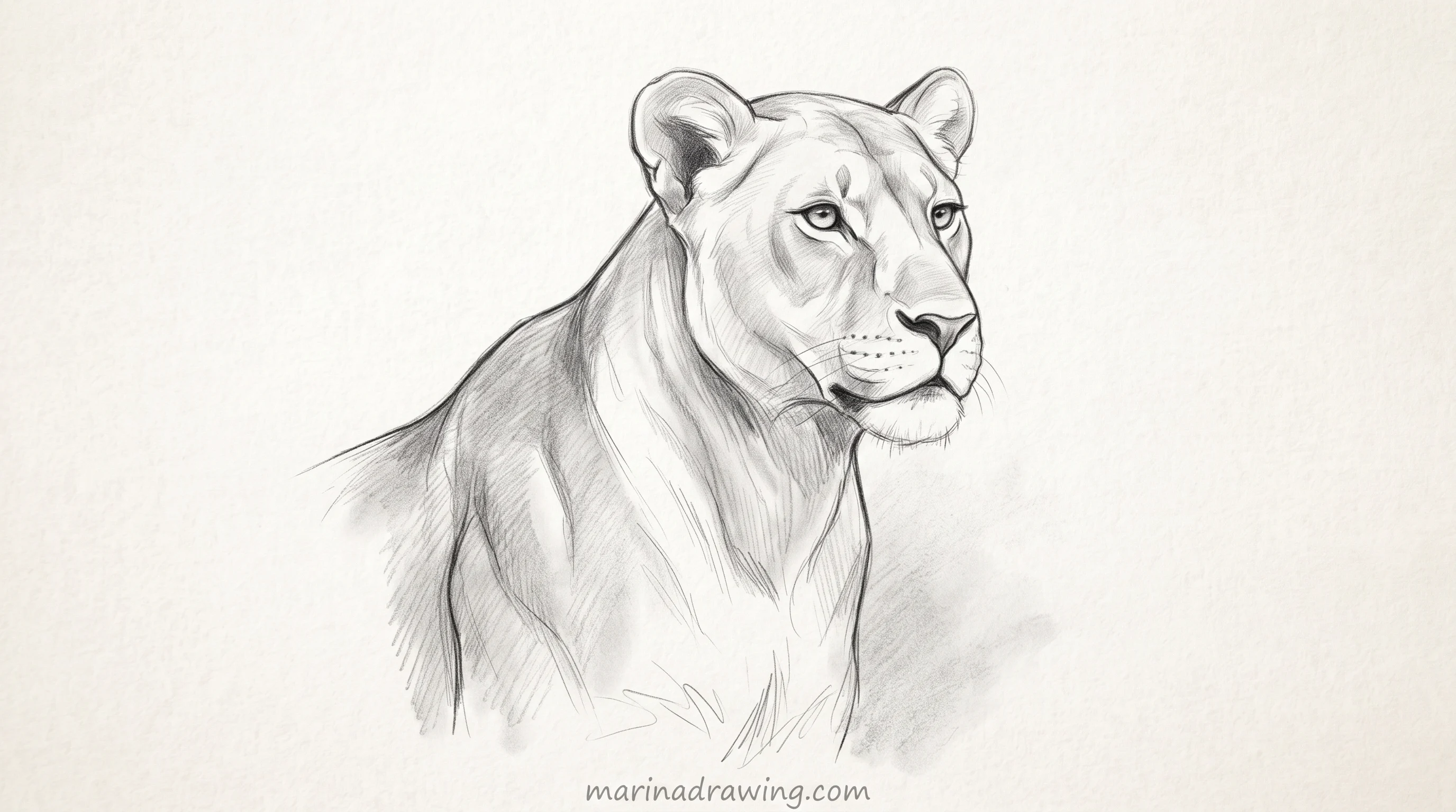 Lioness head with no mane, shading carrying the cheekbone and brow