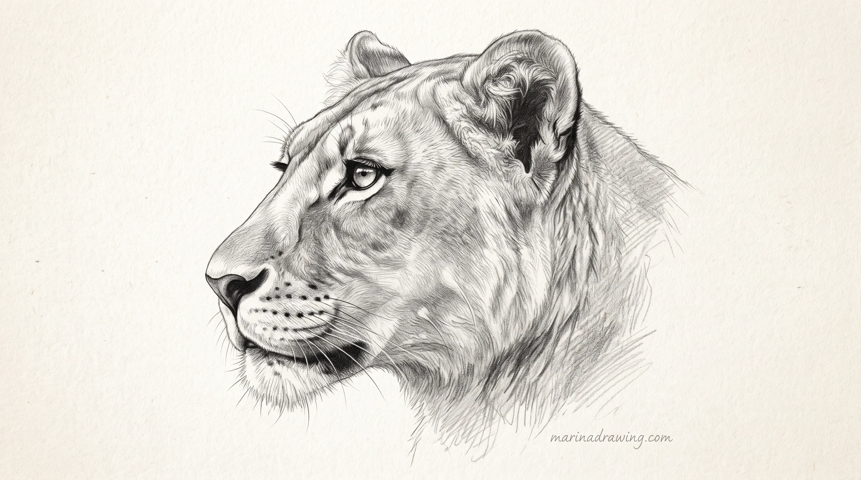 Calm lion profile with the jaw line kept square, not rounded