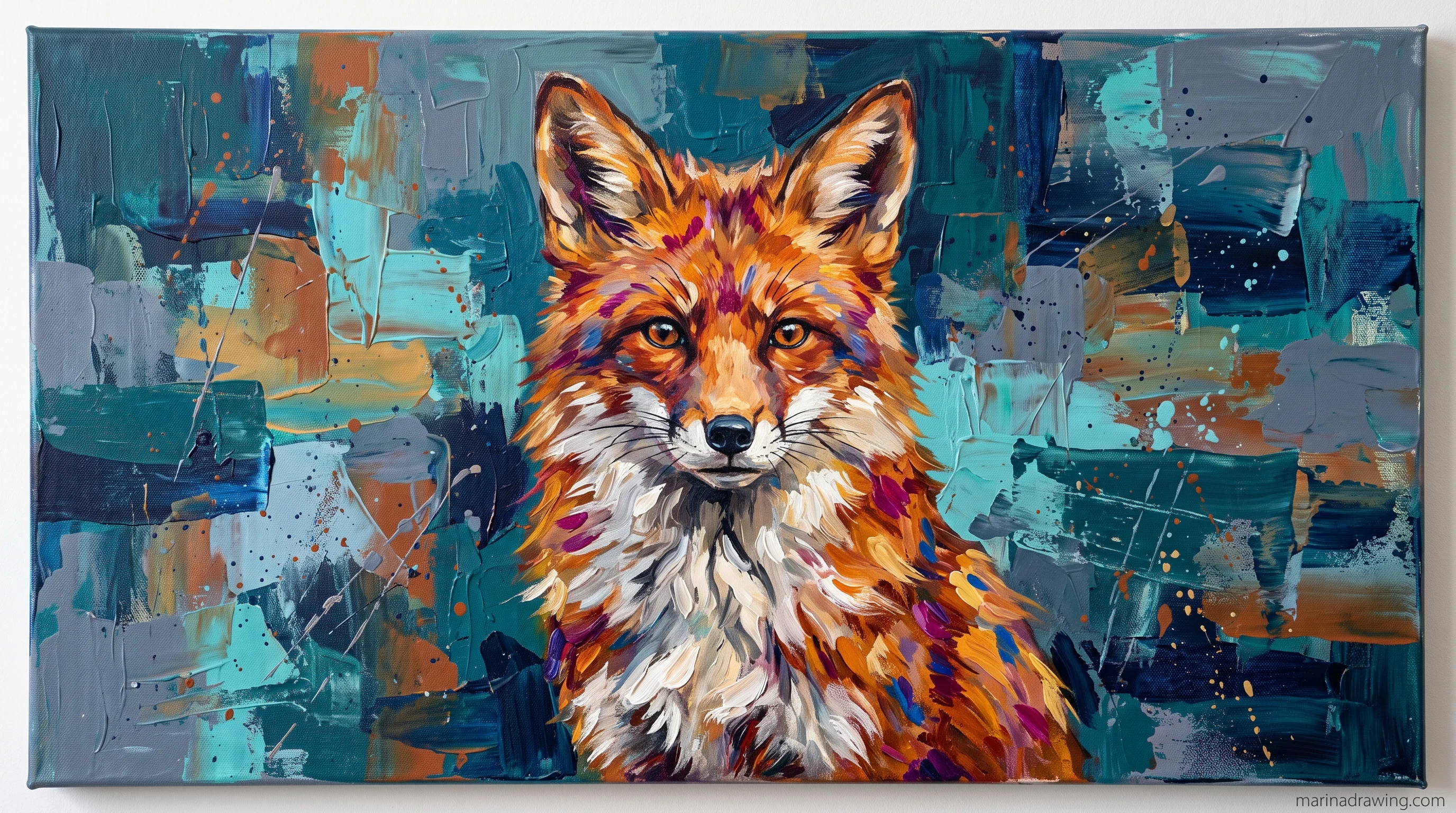 Fox painted in three separate colour areas, orange, white and black, with hard edges