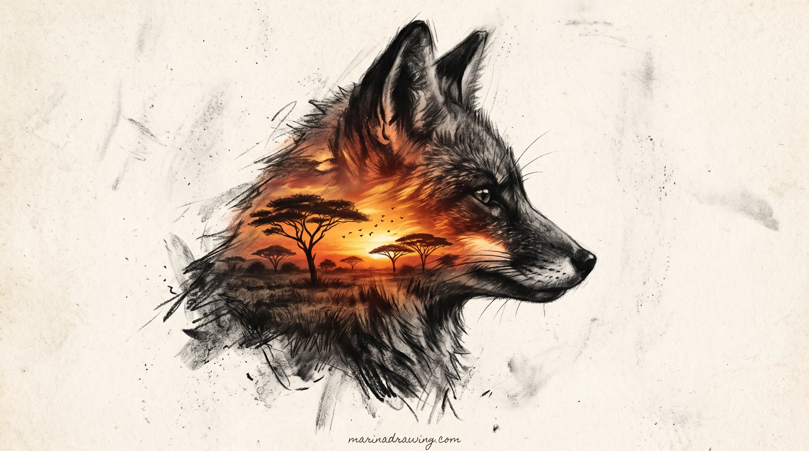 Realistic fox head in charcoal with three separated tones and directional fur strokes