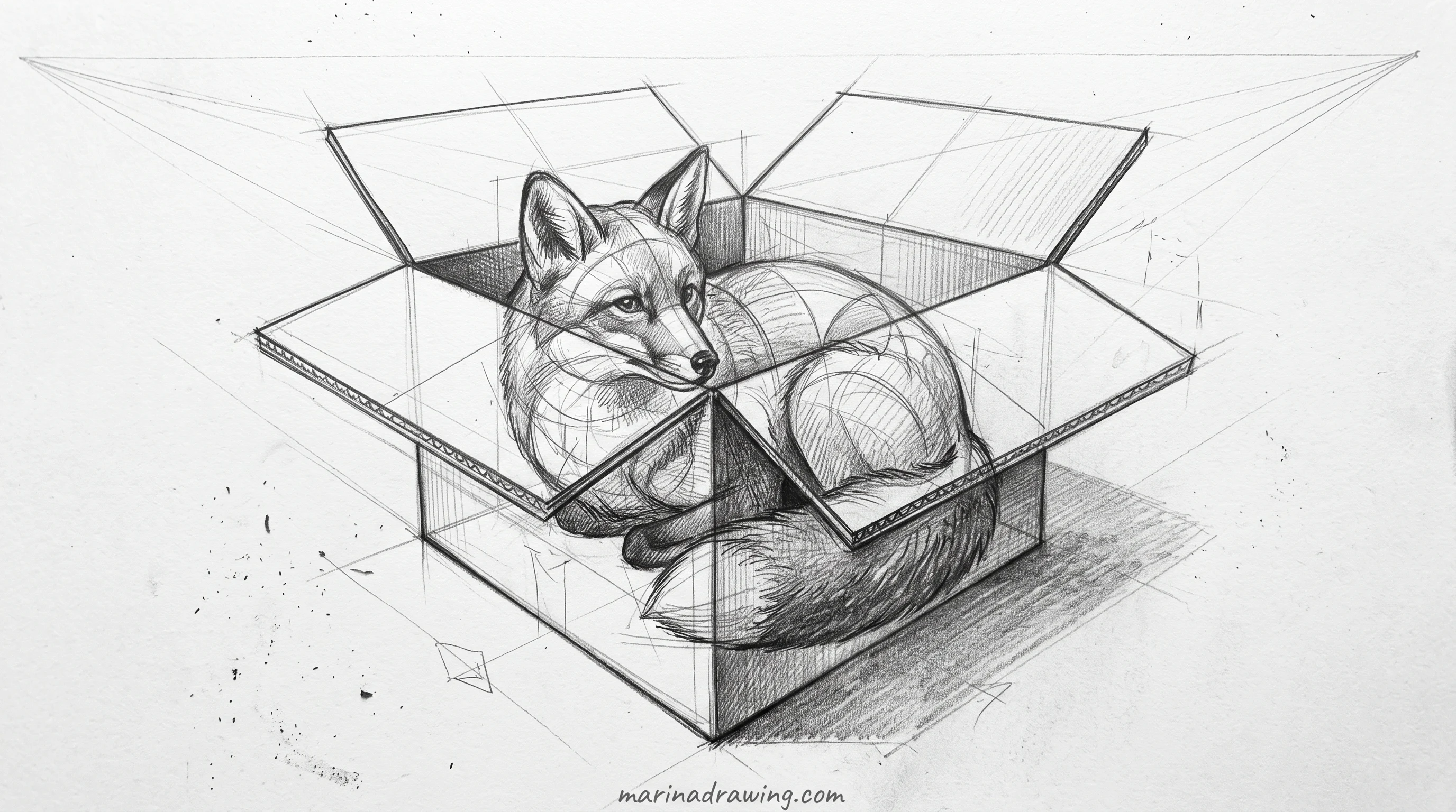 Fox sitting inside an open cardboard box drawn in perspective, front edge crossing the chest