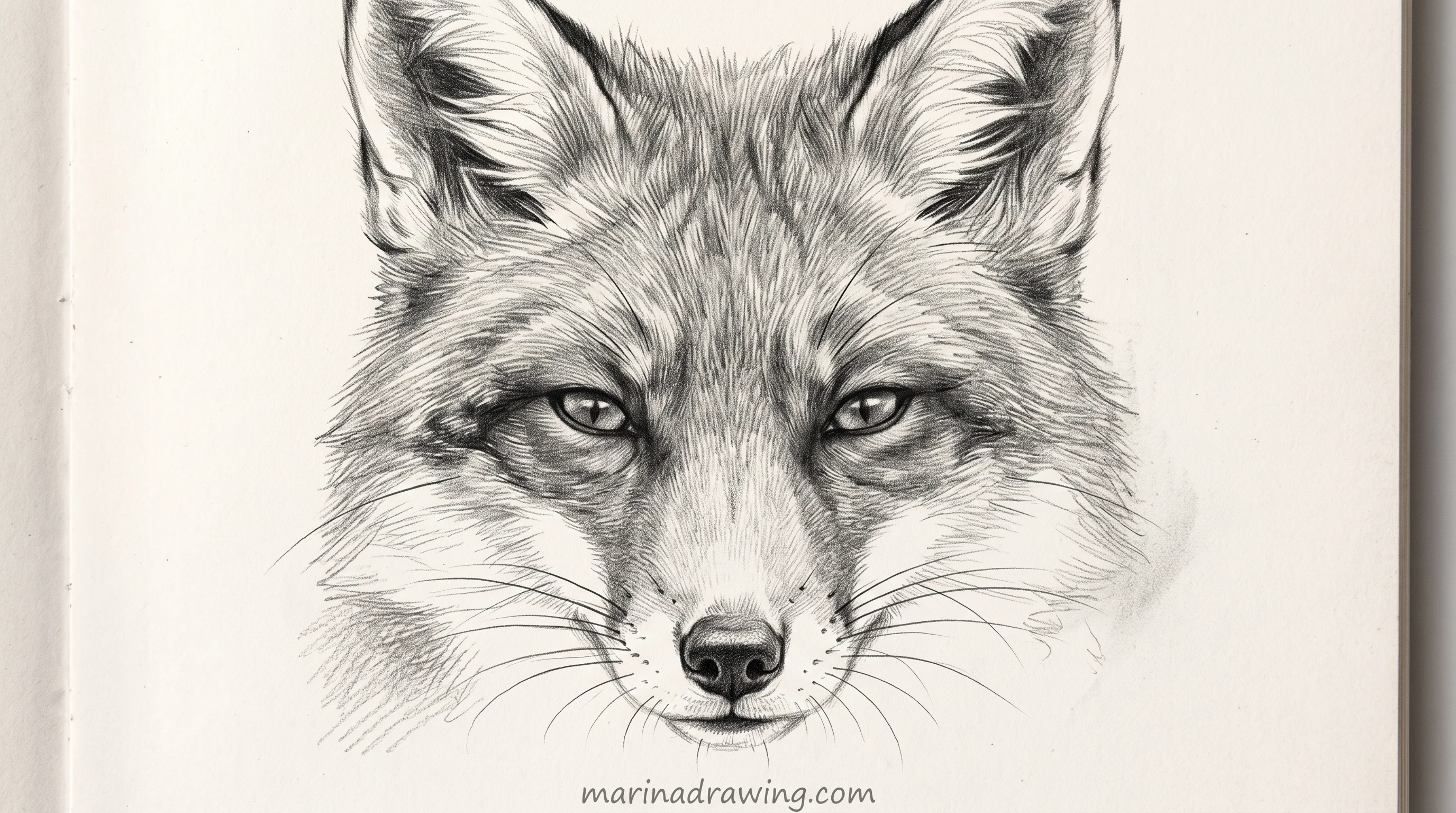 Fox face drawn straight on with the eye line slanted inward and the white mask added last
