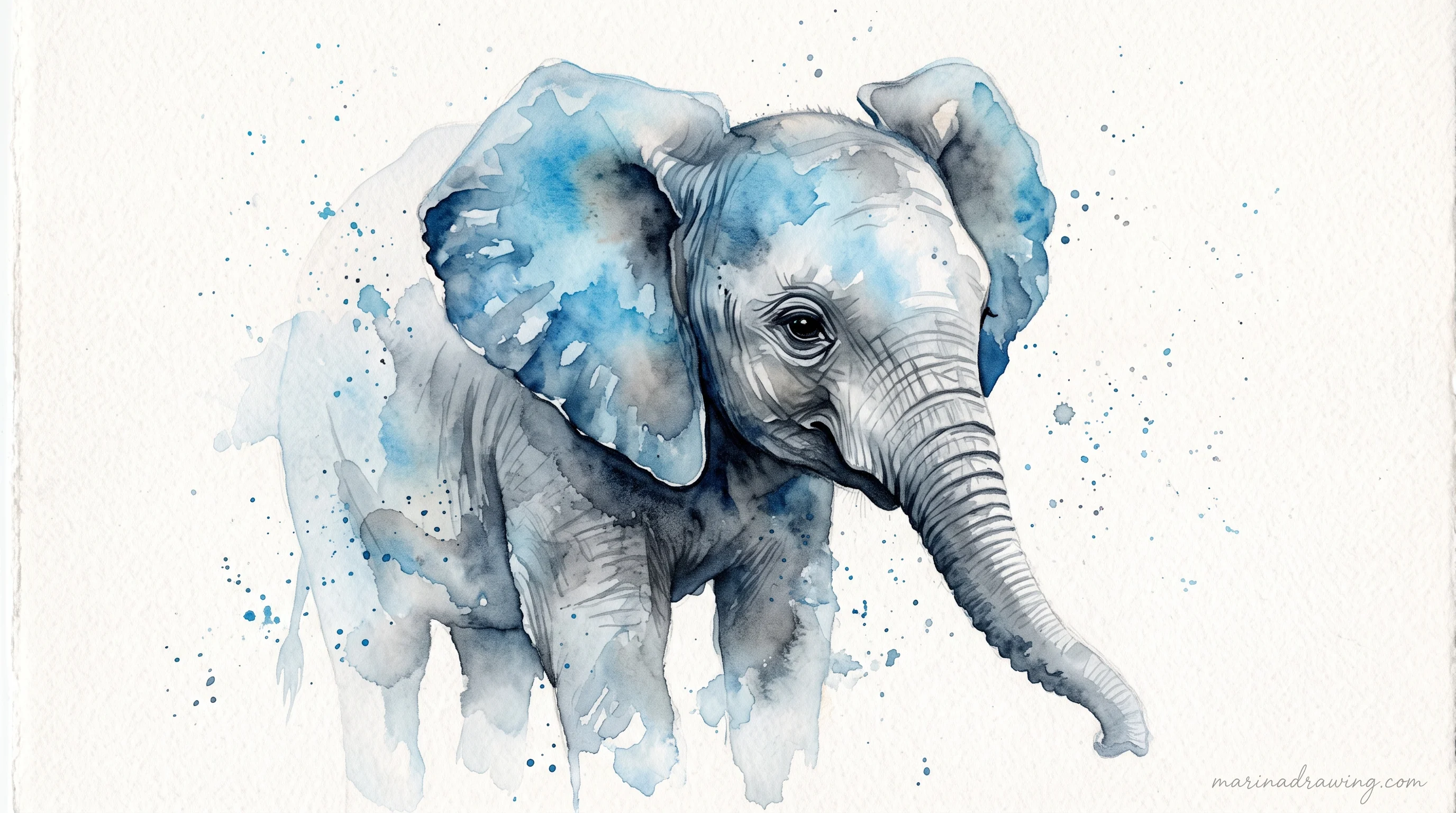Baby elephant painted in soft watercolor layers