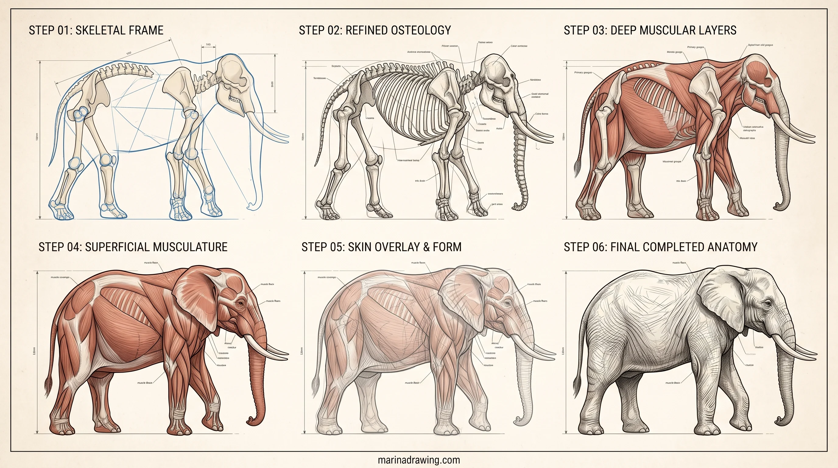 Elephant built from three stacked circles for head, ears and body before any detail