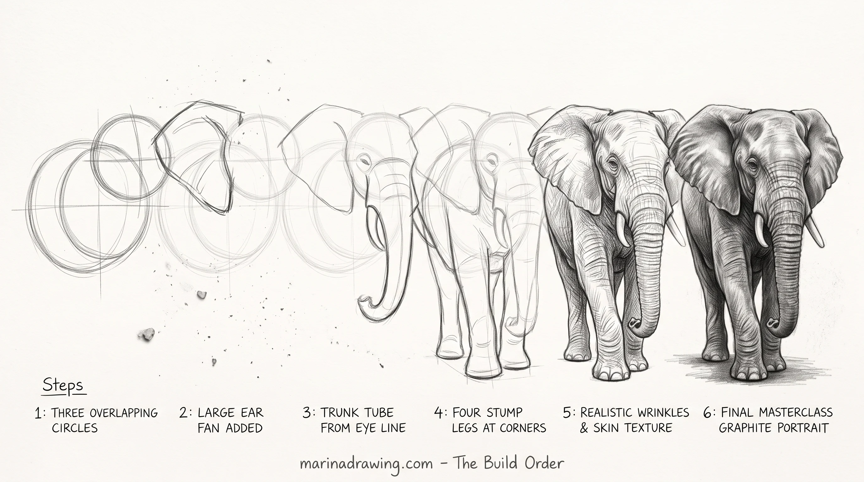 Five simple shapes forming an easy elephant drawing step by step