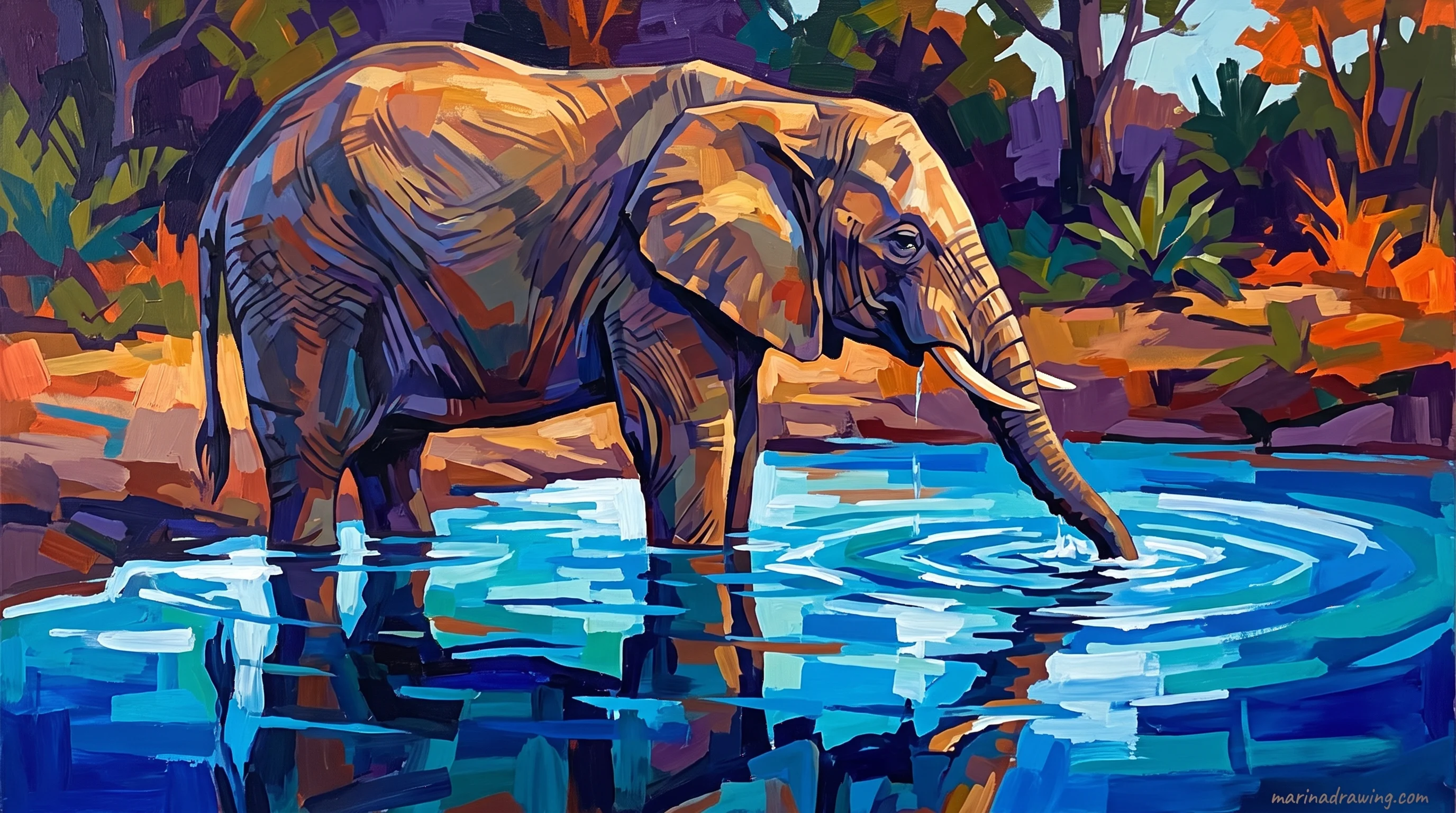 Elephant drinking from a pool of water, trunk tip submerged