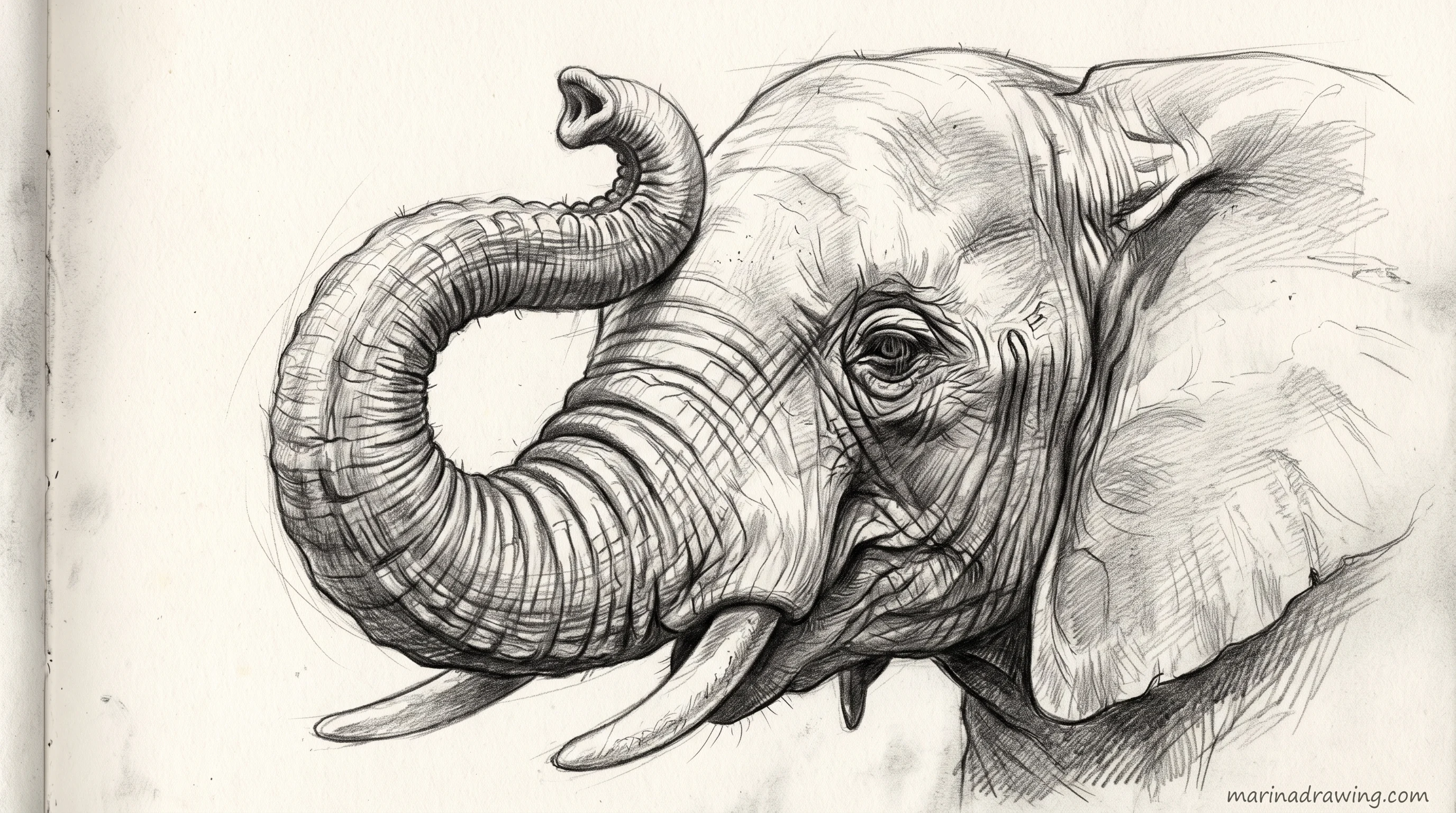 Elephant drawn with the trunk curled up and raised overhead