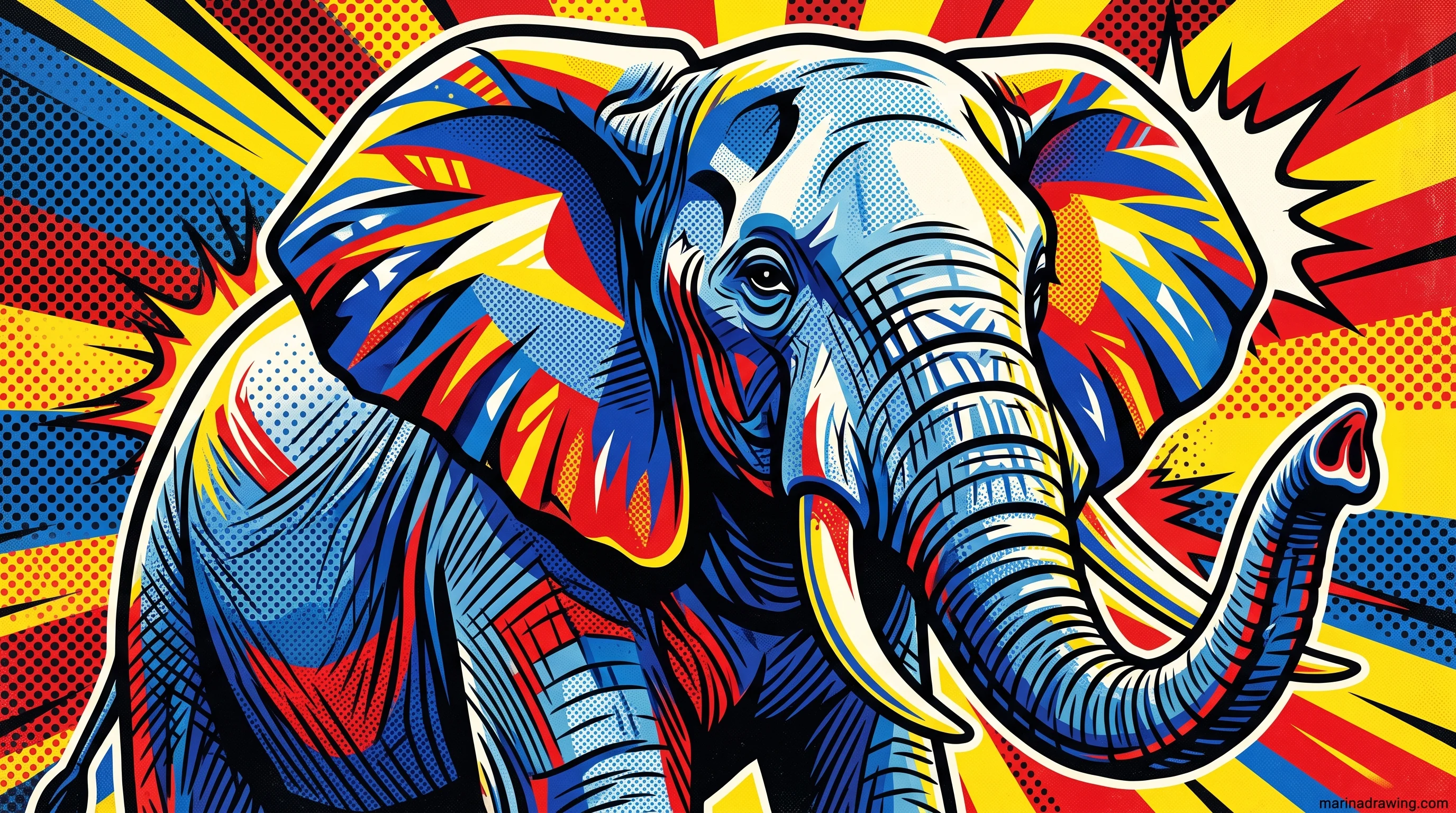 Bold graphic elephant outline filled with flat colour blocks