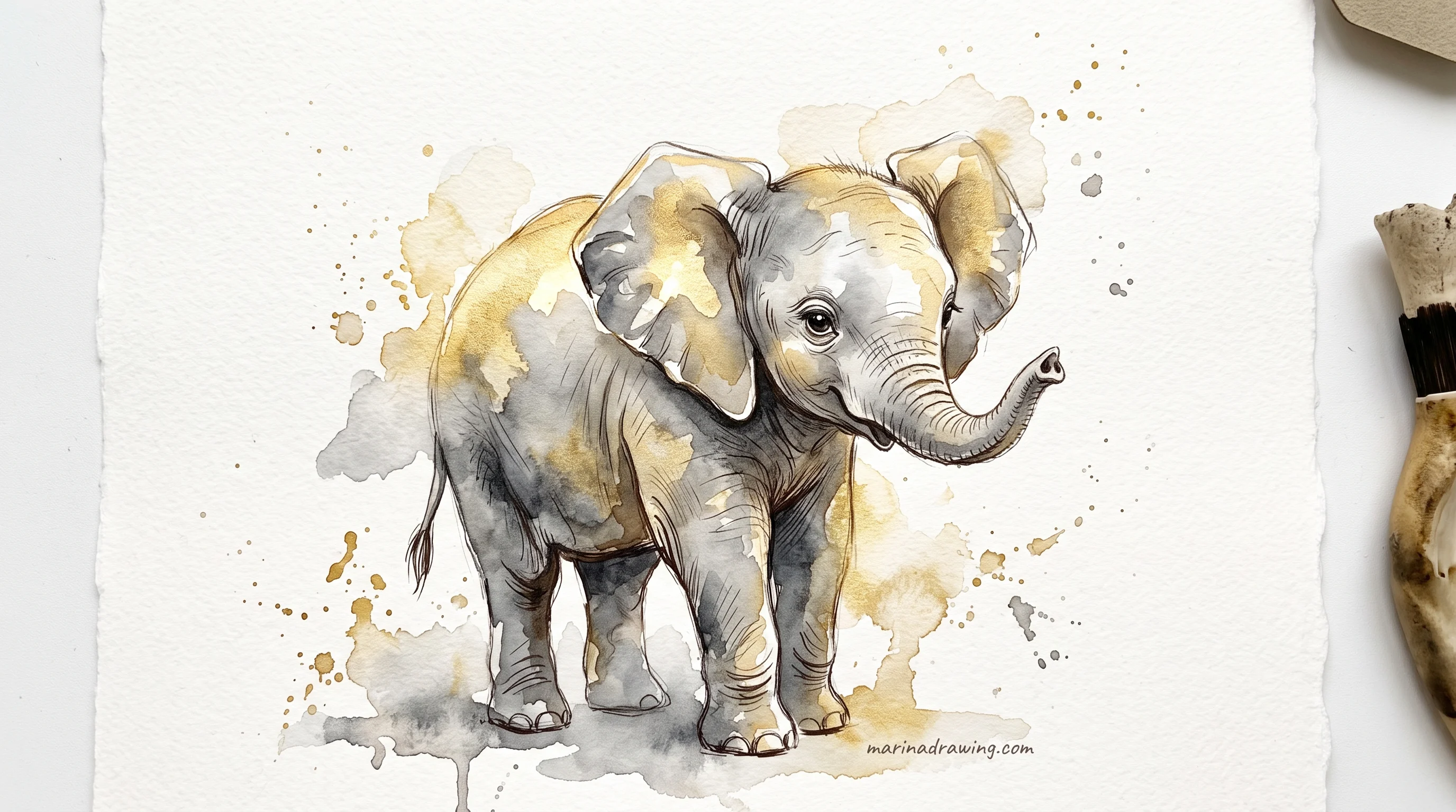 Watercolor study of a baby elephant standing beside its mother
