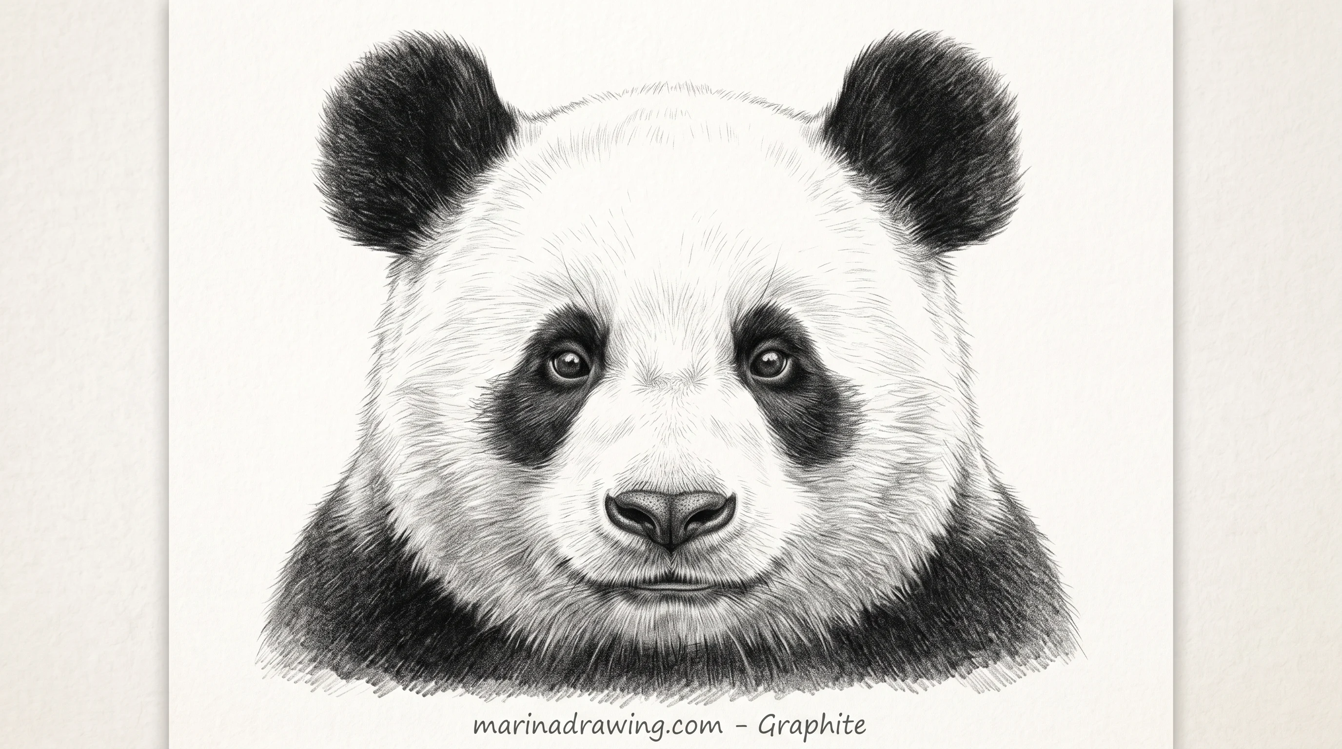Close graphite portrait of a panda face with tilted eye patches
