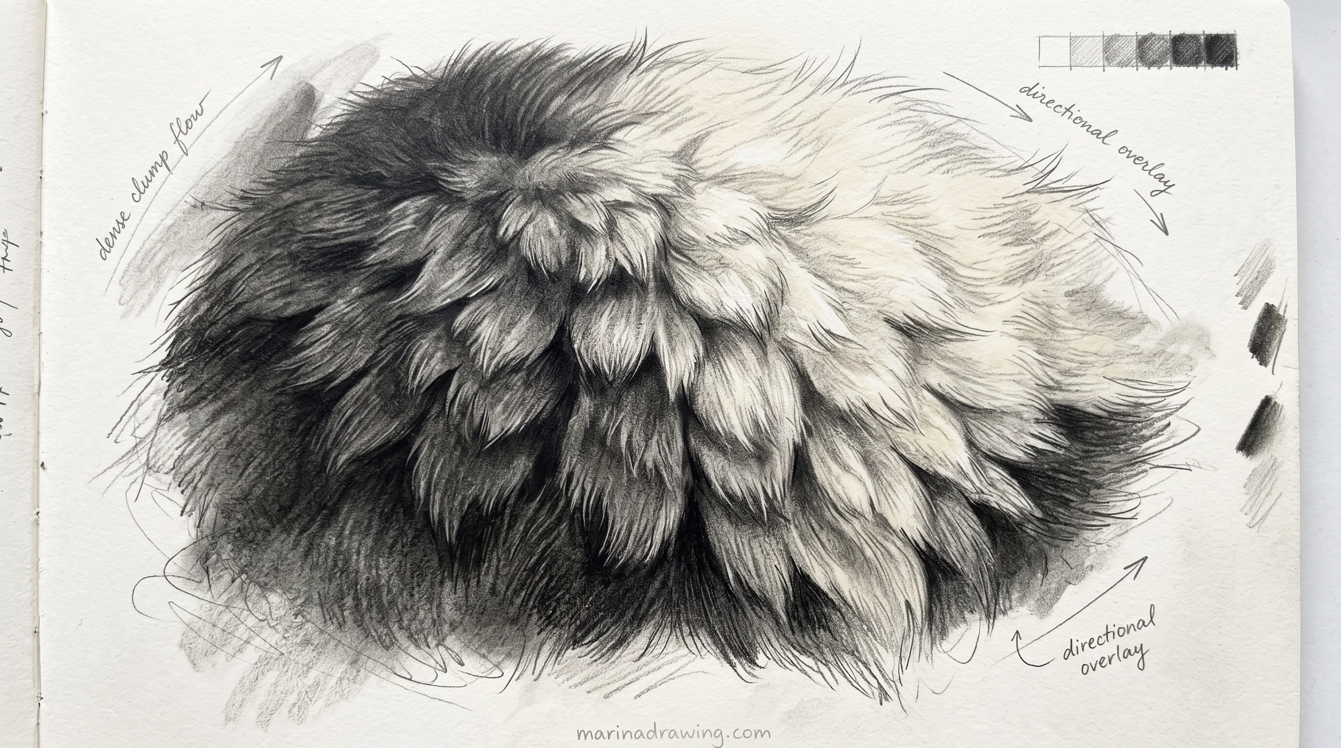 Graphite study of panda fur texture with dark patches and mid grey