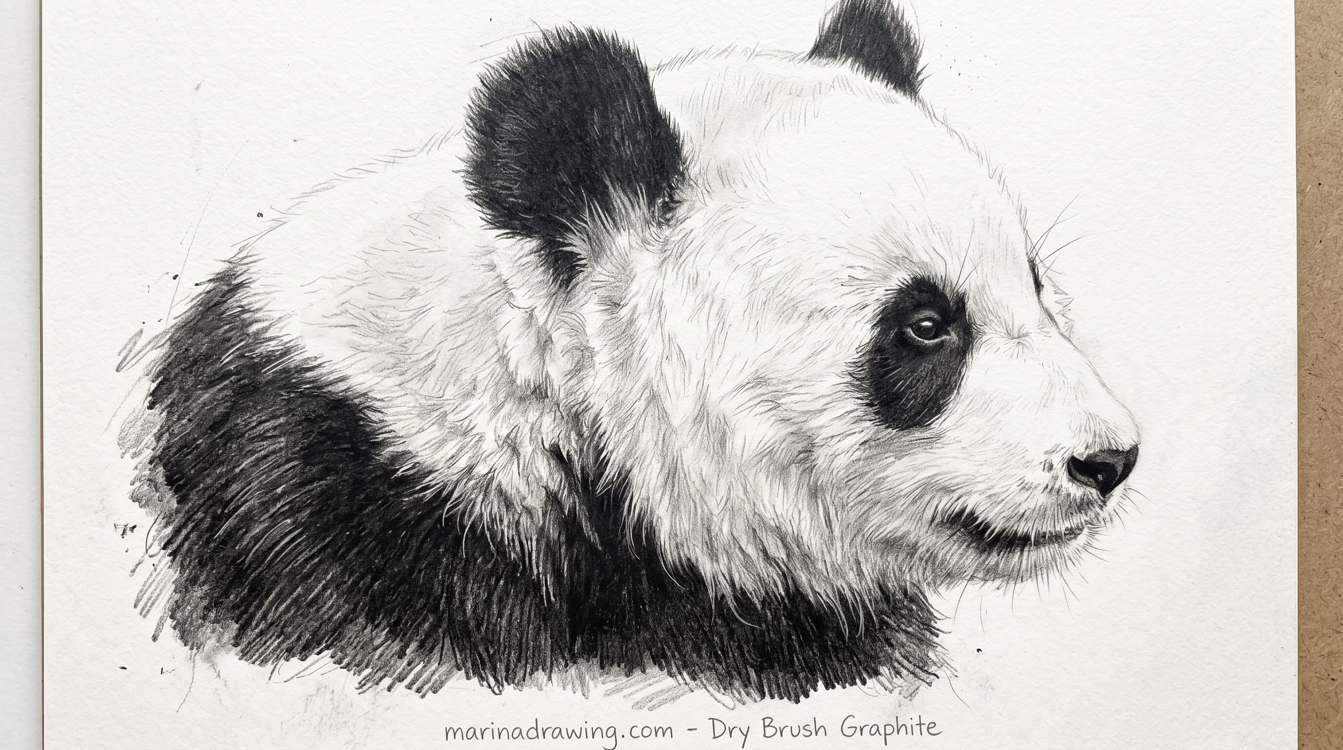 Second graphite study of panda fur, lit top planes left as paper