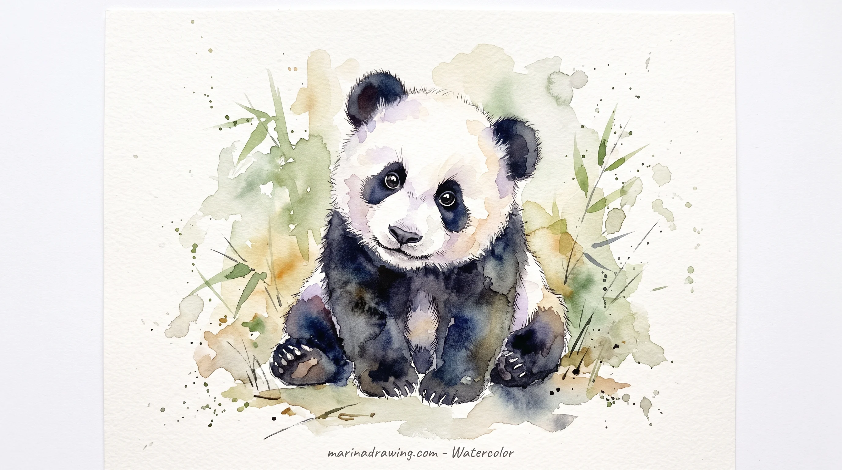 Panda cub painted in watercolor with warm grey shading on the white fur