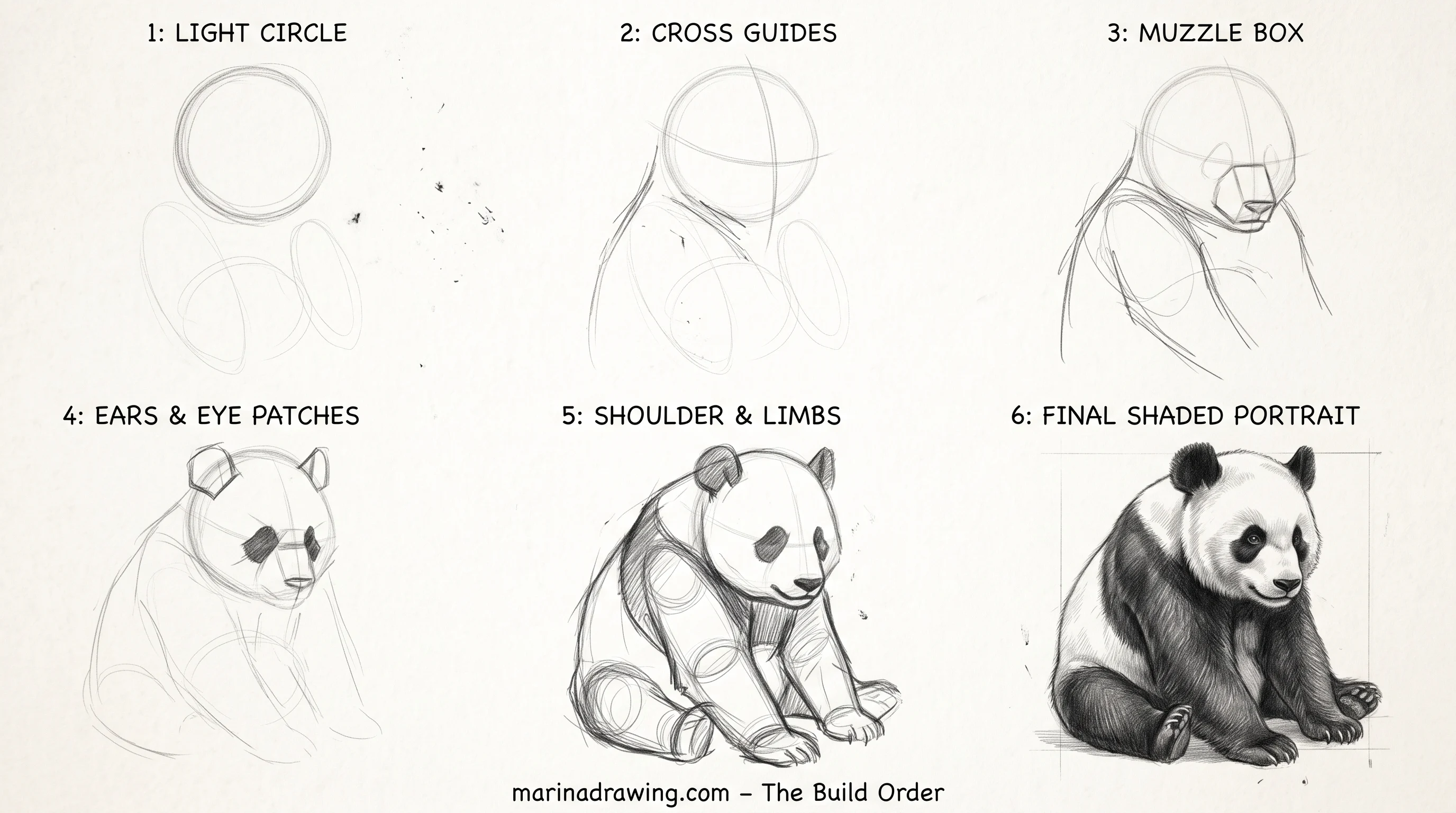 Six-line panda drawing built from a circle, two ears and tilted eye patches