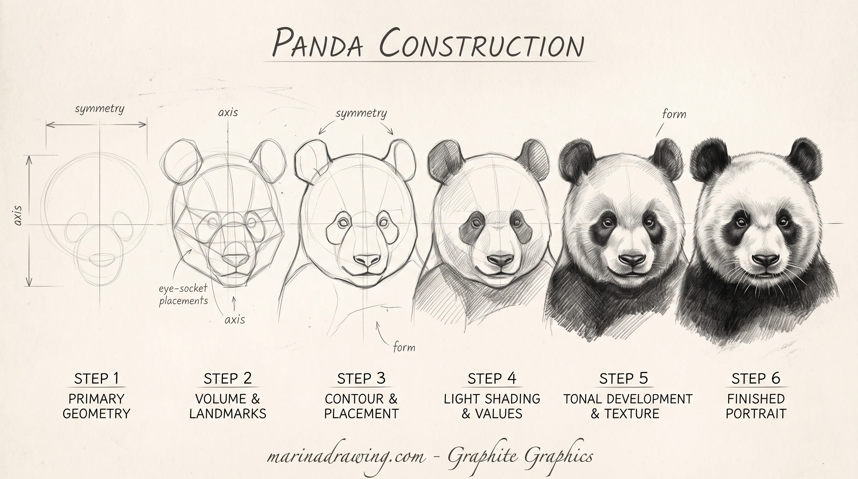 Panda drawing built step by step from a circle, cross guides and filled black patches