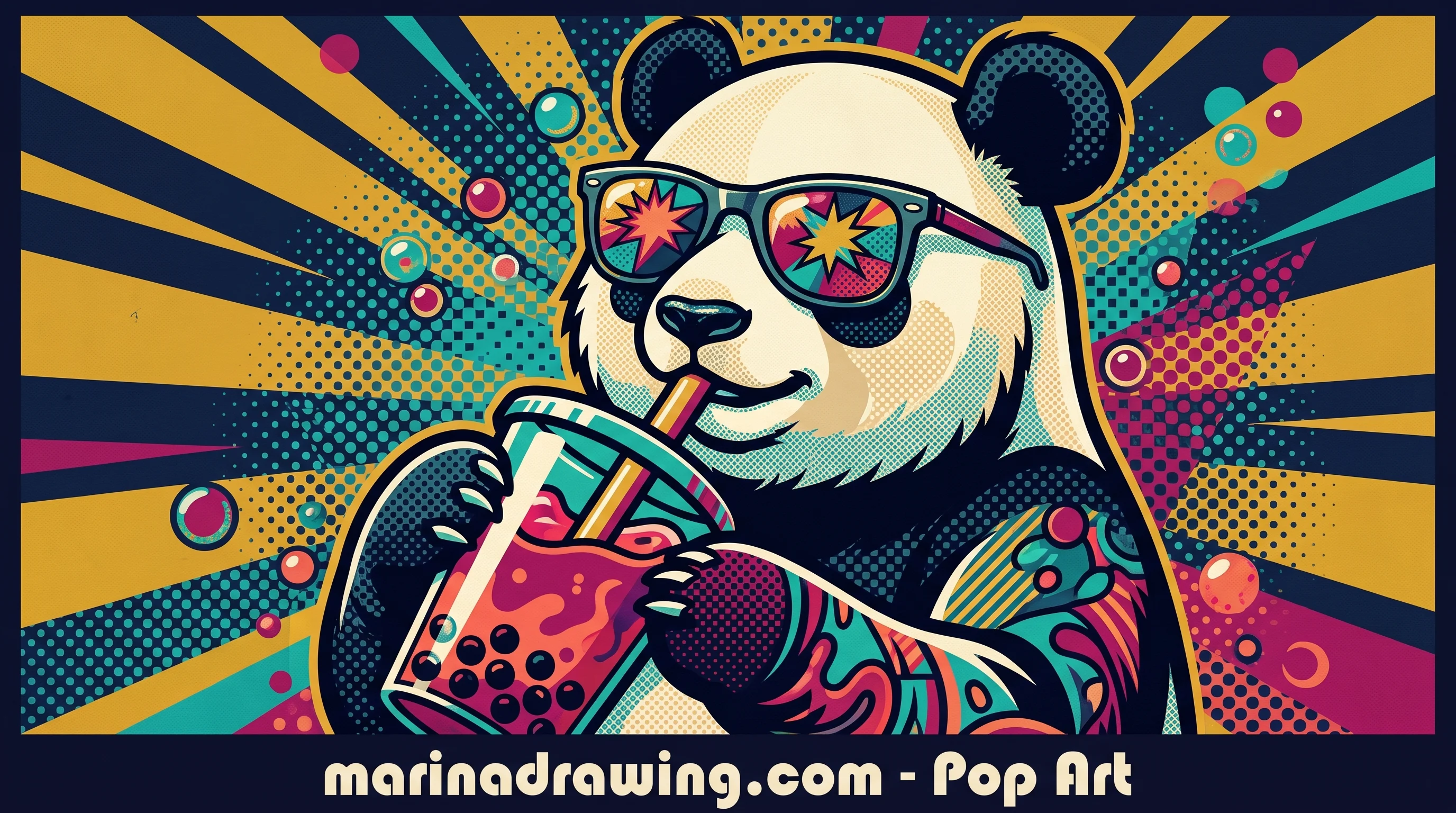 Panda holding a boba cup drawn in bold pop art colour blocks