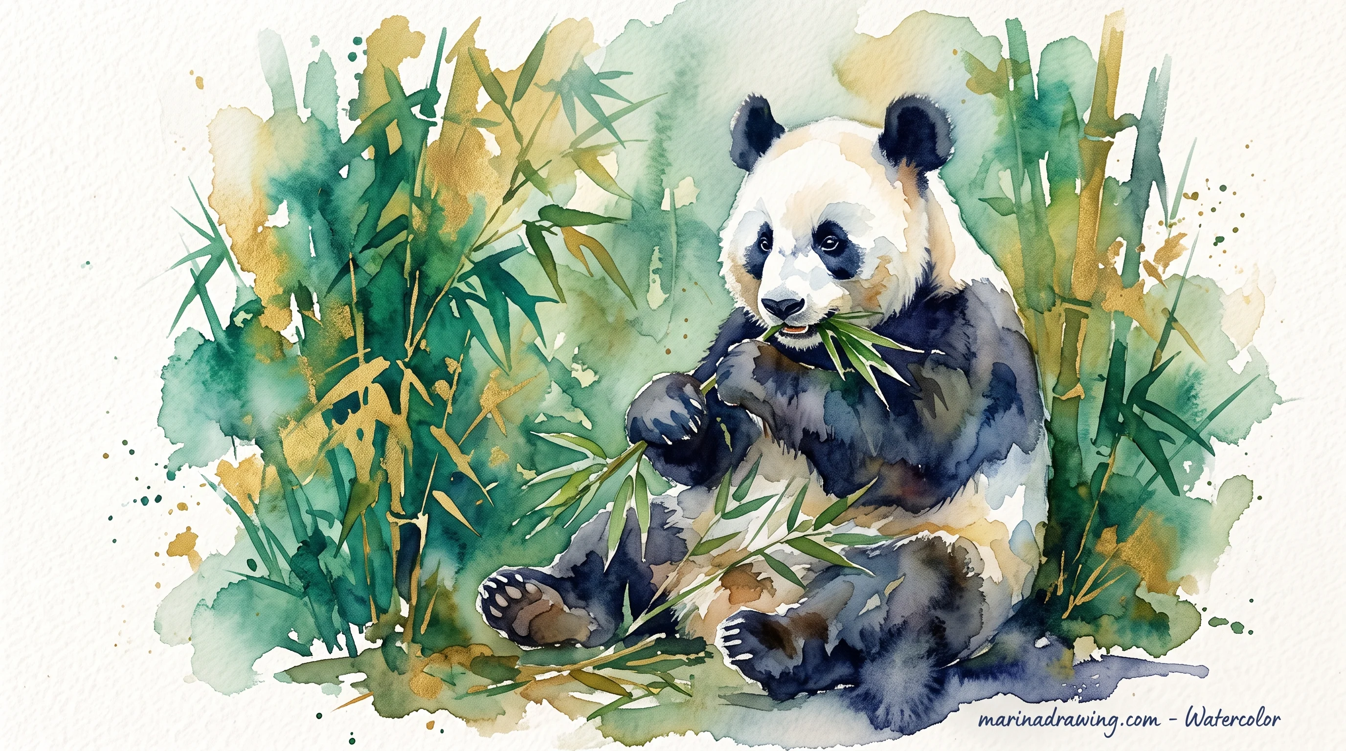 Watercolor panda eating bamboo, head tilted toward the leaves