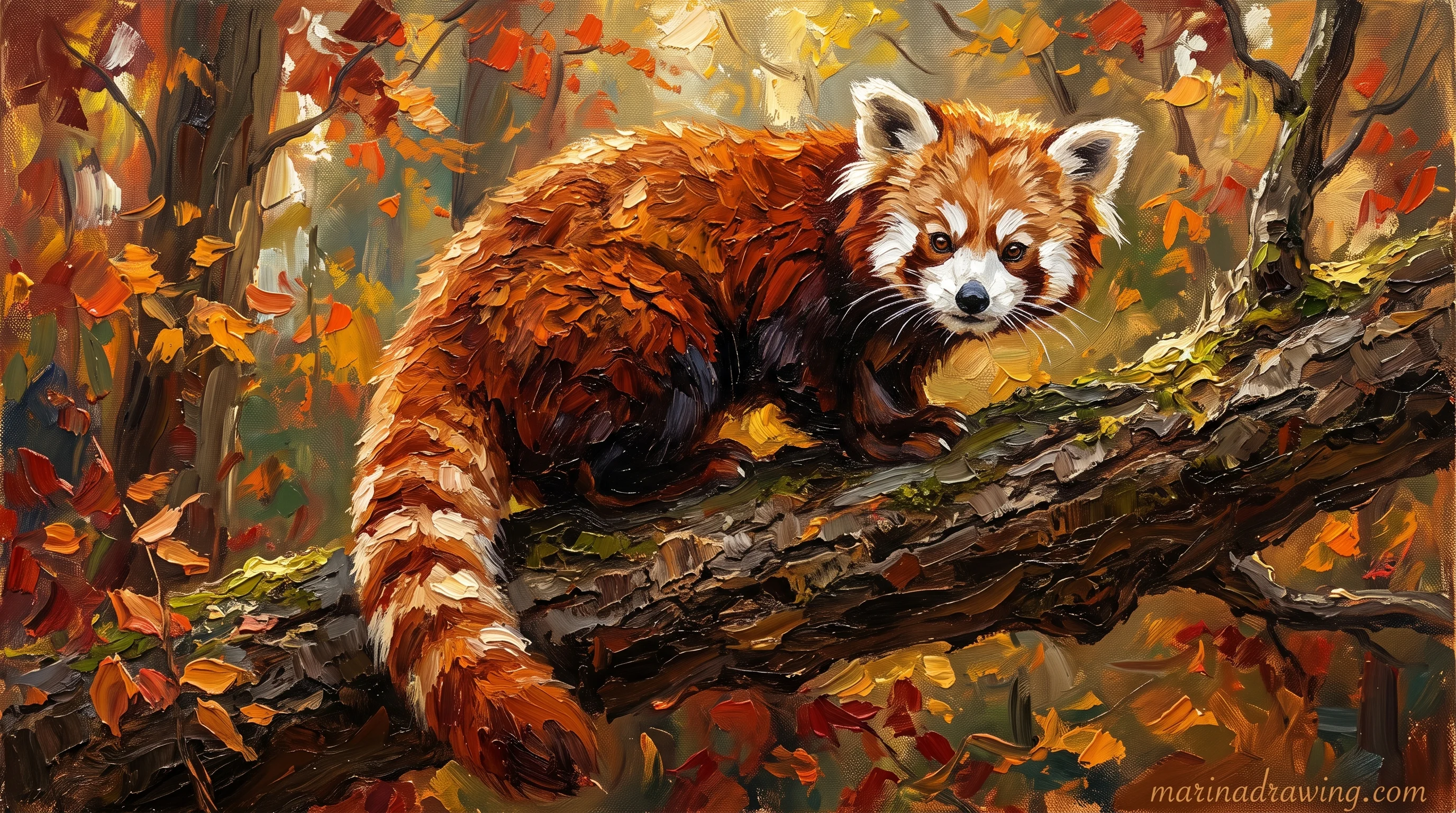 Red panda painted in oil with a pointed muzzle and ringed tail