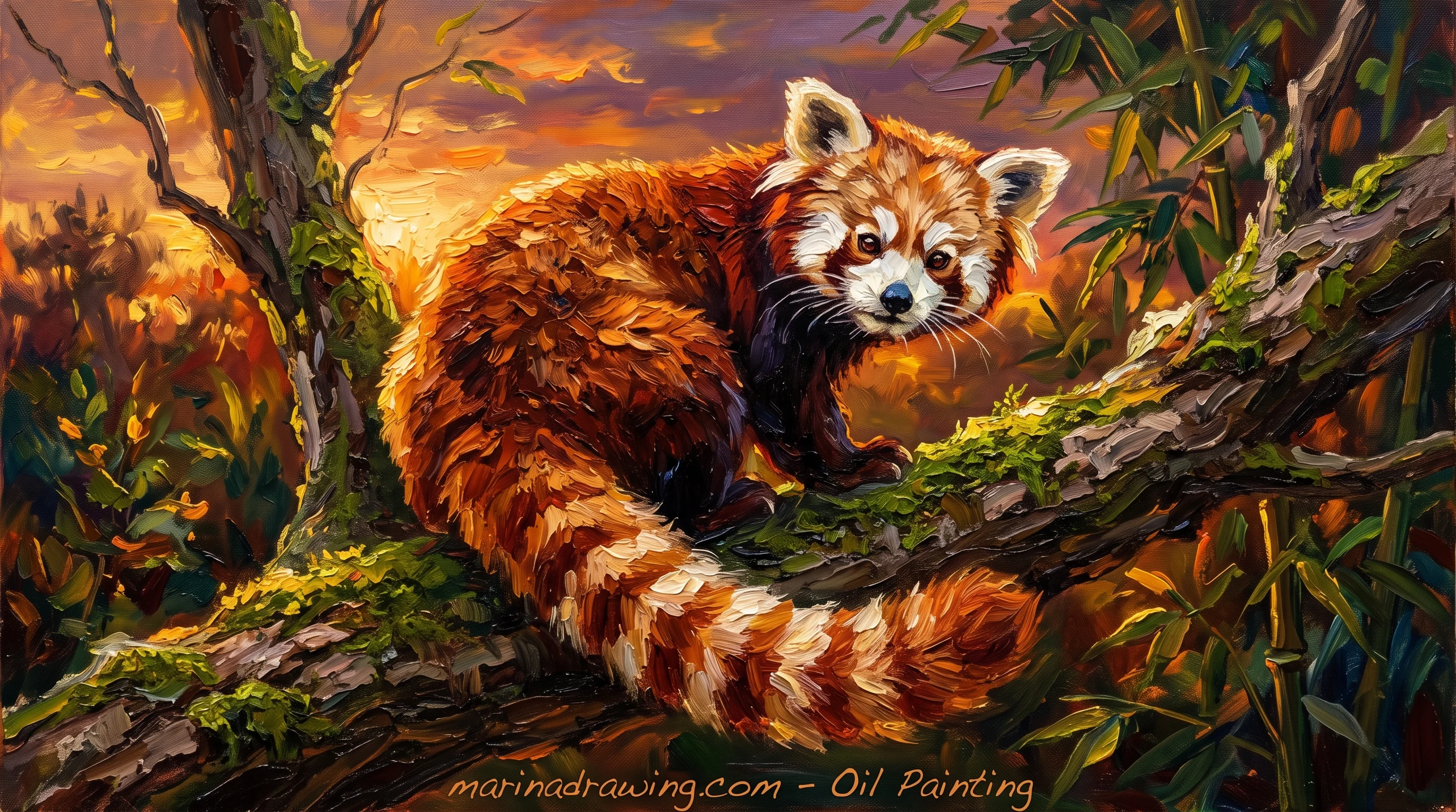 Second oil painting of a red panda showing the white face mask and tear lines