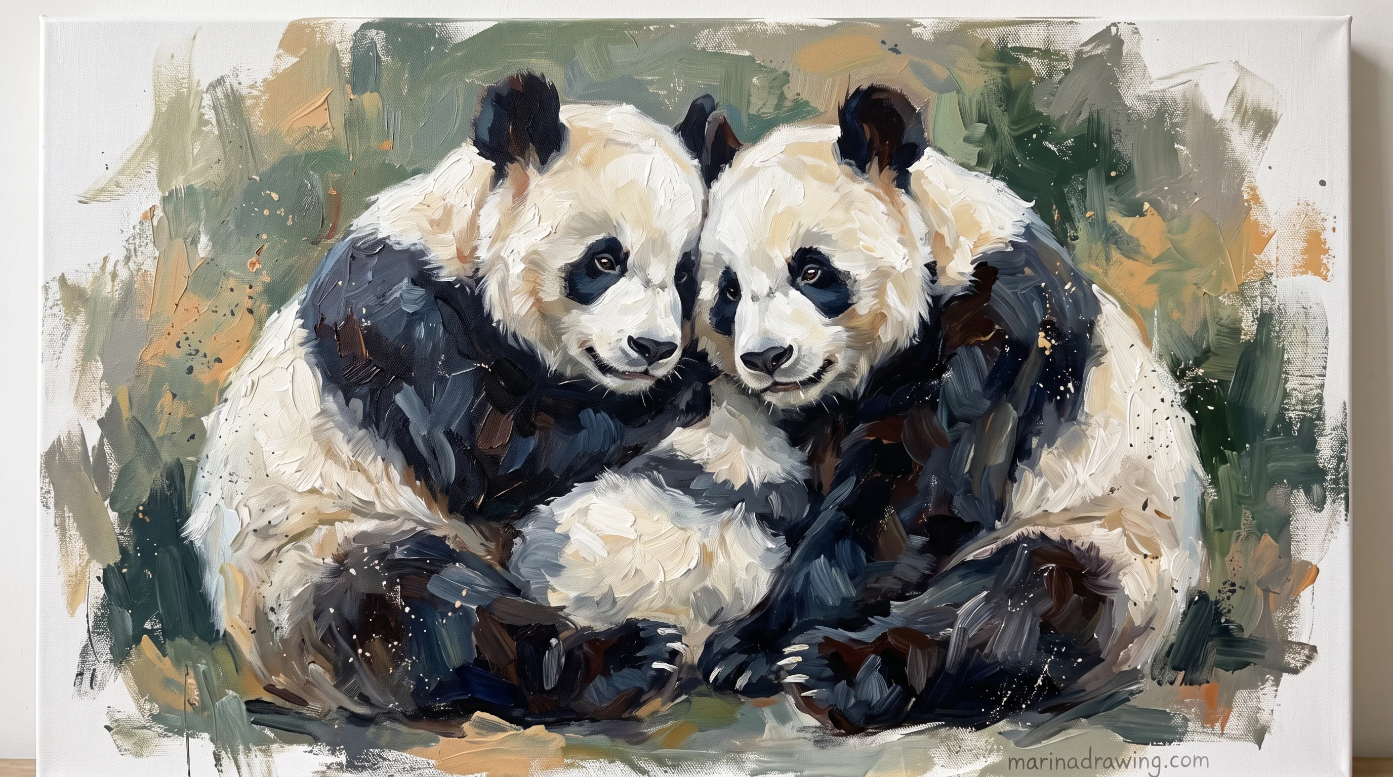 Two pandas painted on canvas, heads offset so they read as separate animals