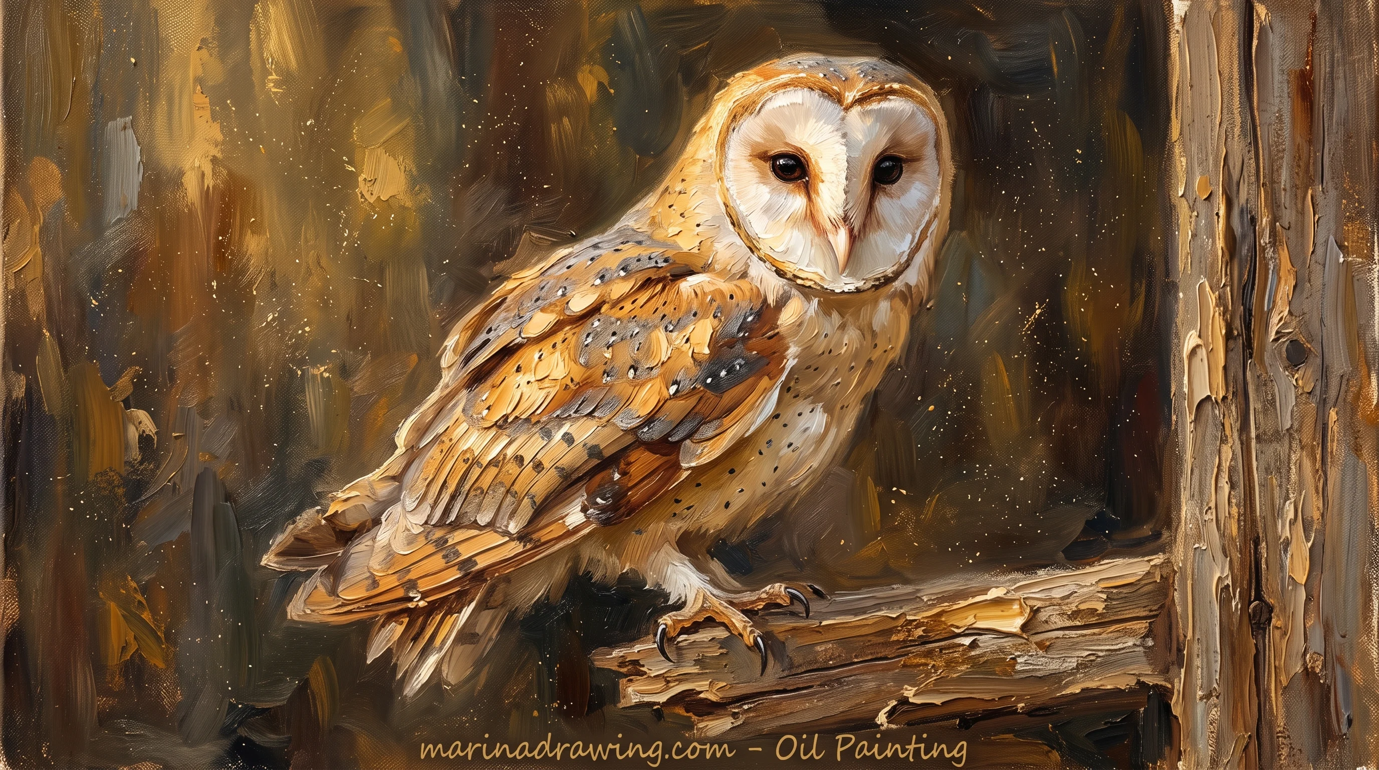 Barn owl painted in oil with its heart-shaped facial disc