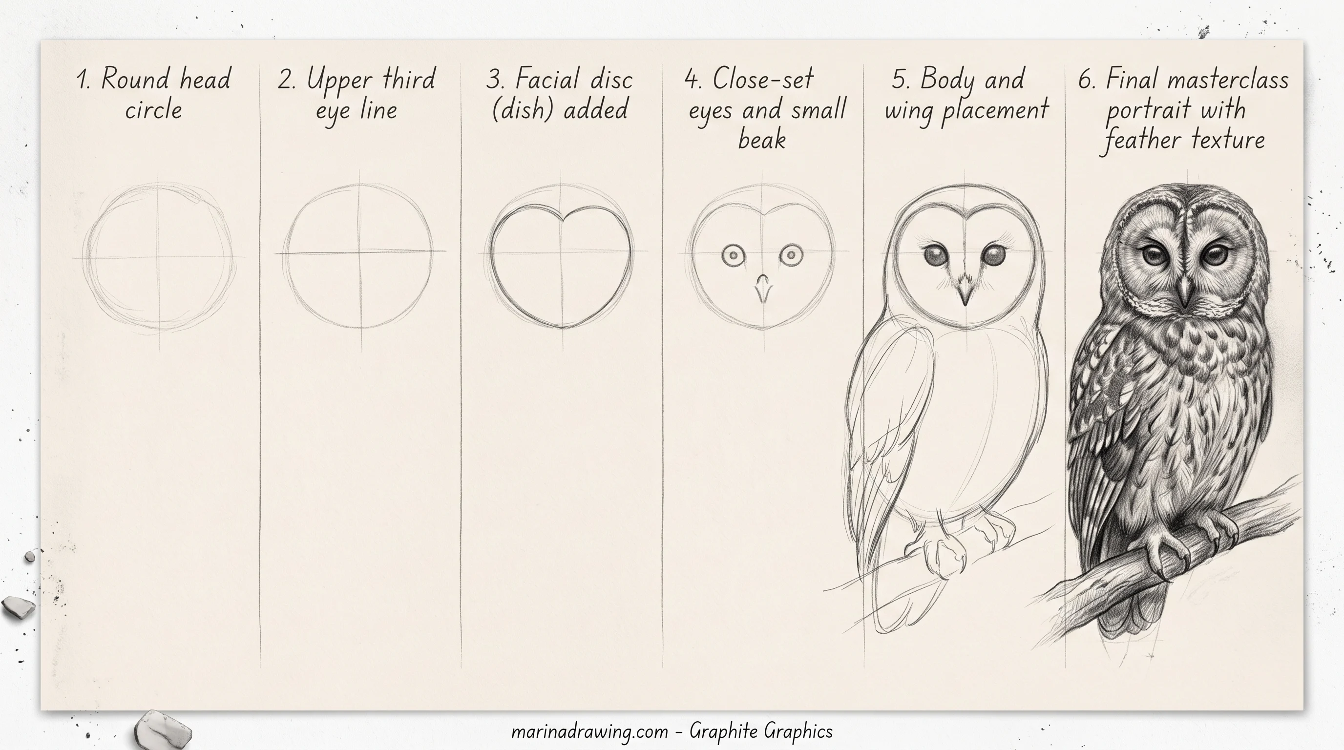 Owl drawing constructed step by step from a circle, eye line and facial disc