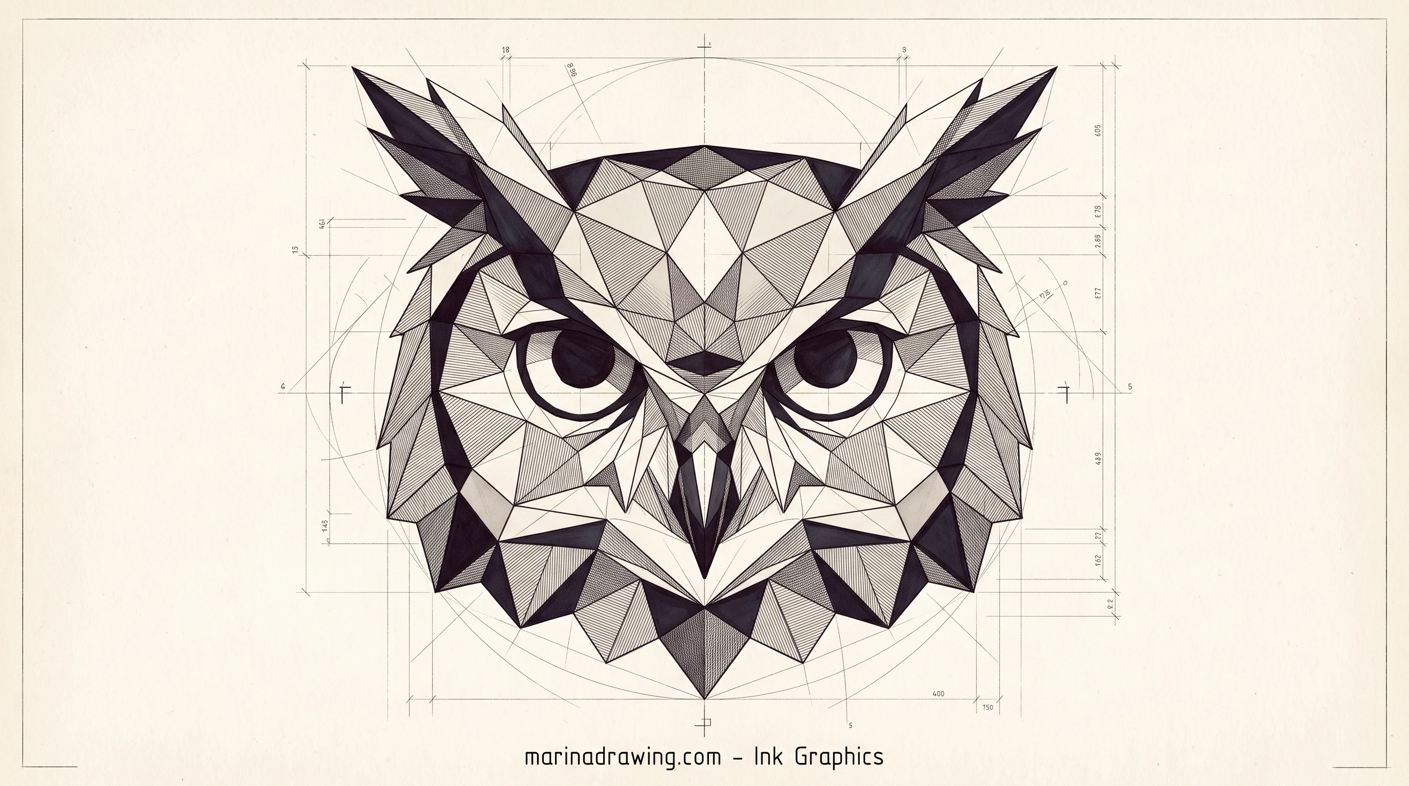 Owl head drawing built from a circle, eye line and facial disc guides