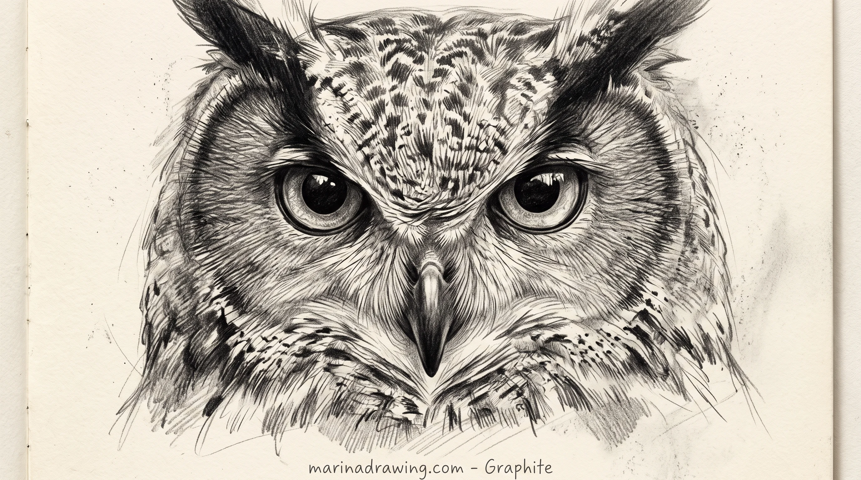 Graphite portrait of a cute owl face with large low-set eyes