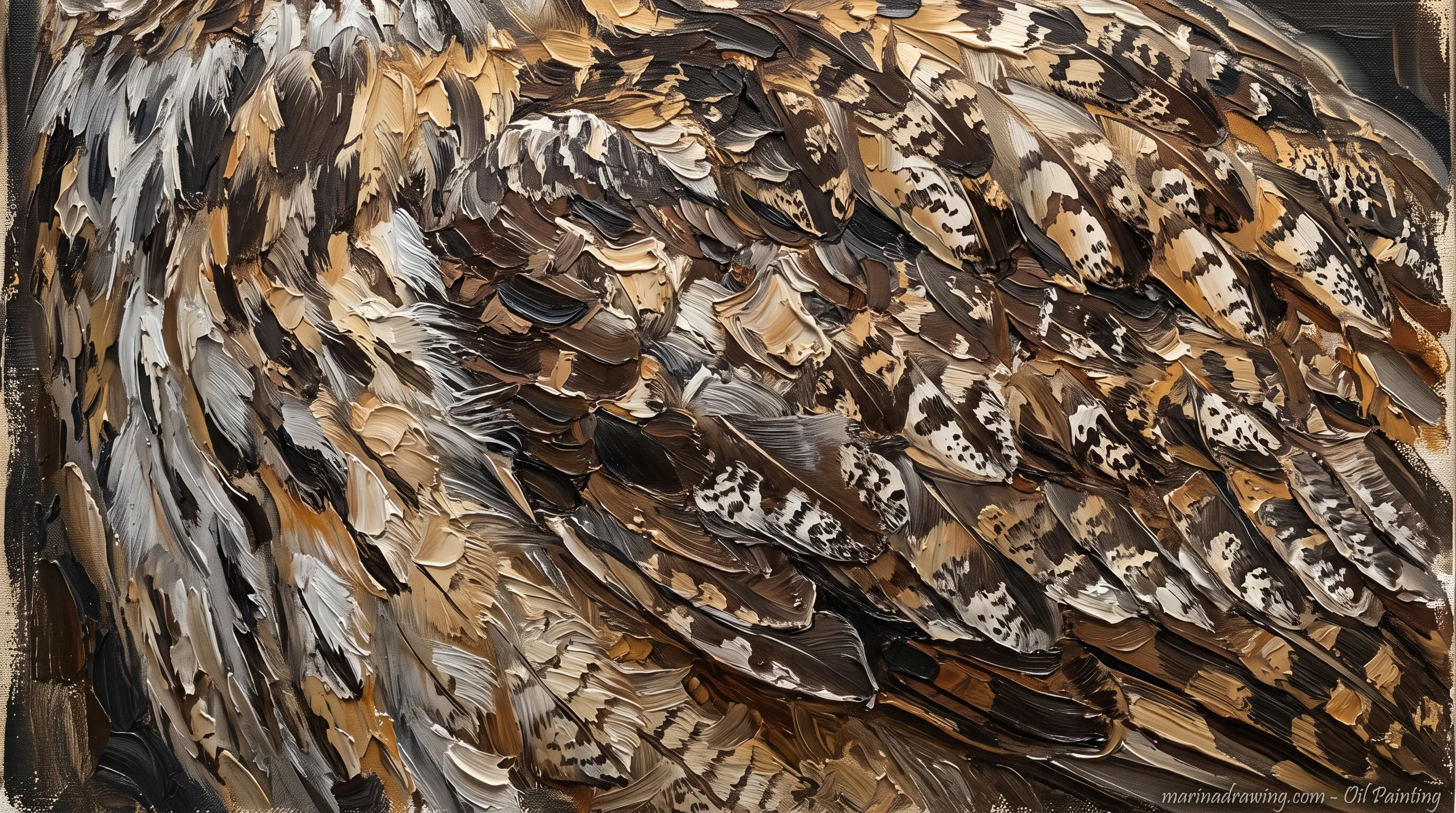 Close study of owl feather texture painted in oil with separated tones