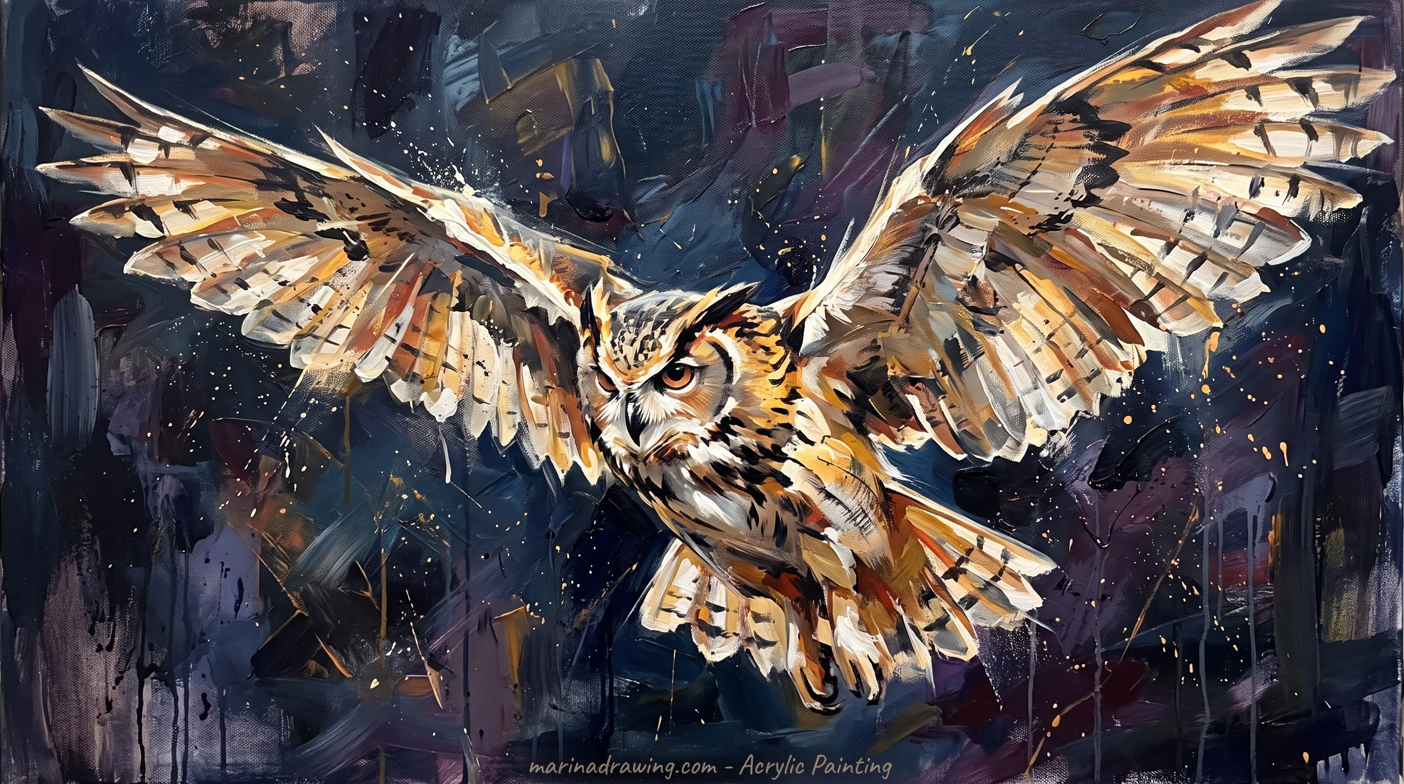 Owl in flight painted with long wings held in one shallow arc