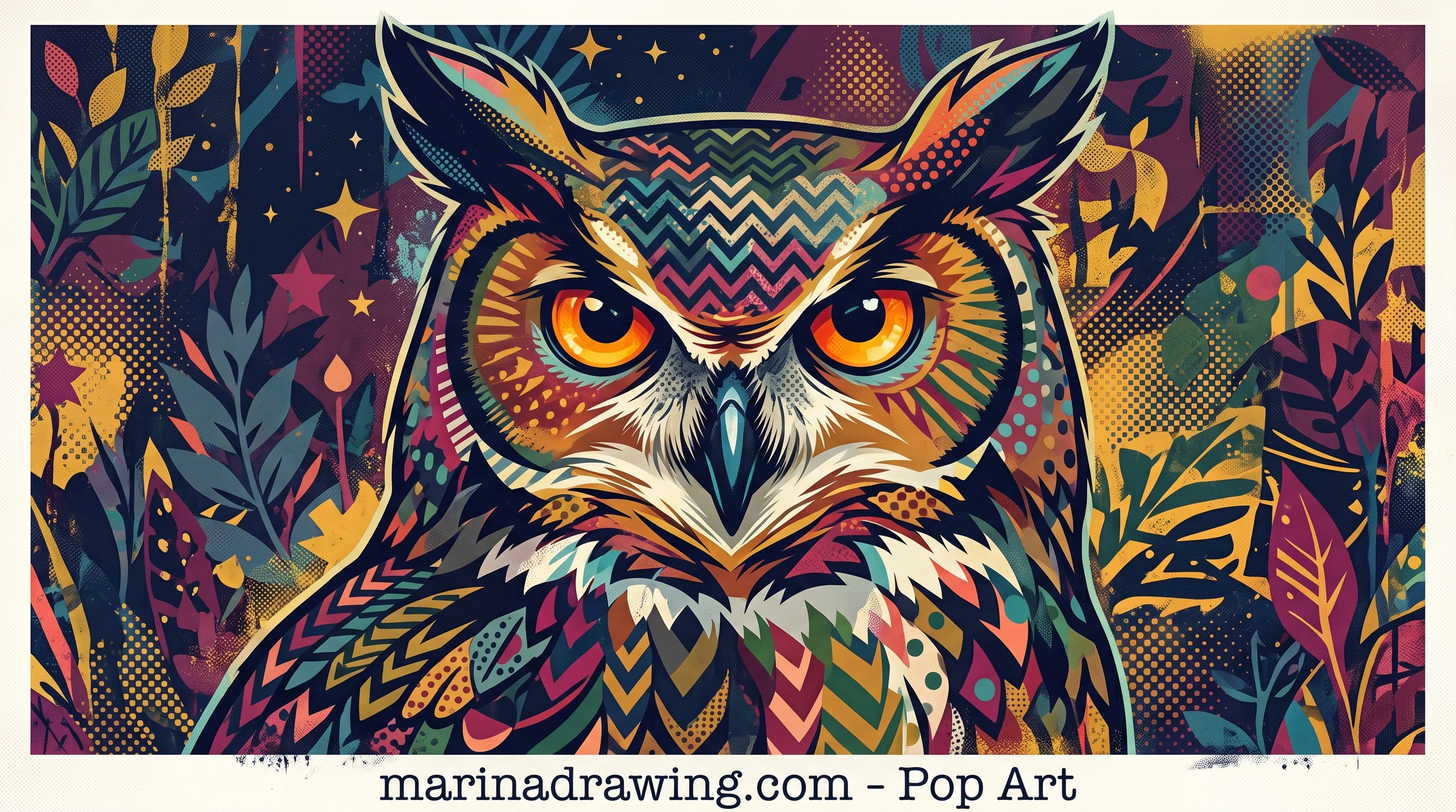 Owl illustrated in bold pop art colour blocks