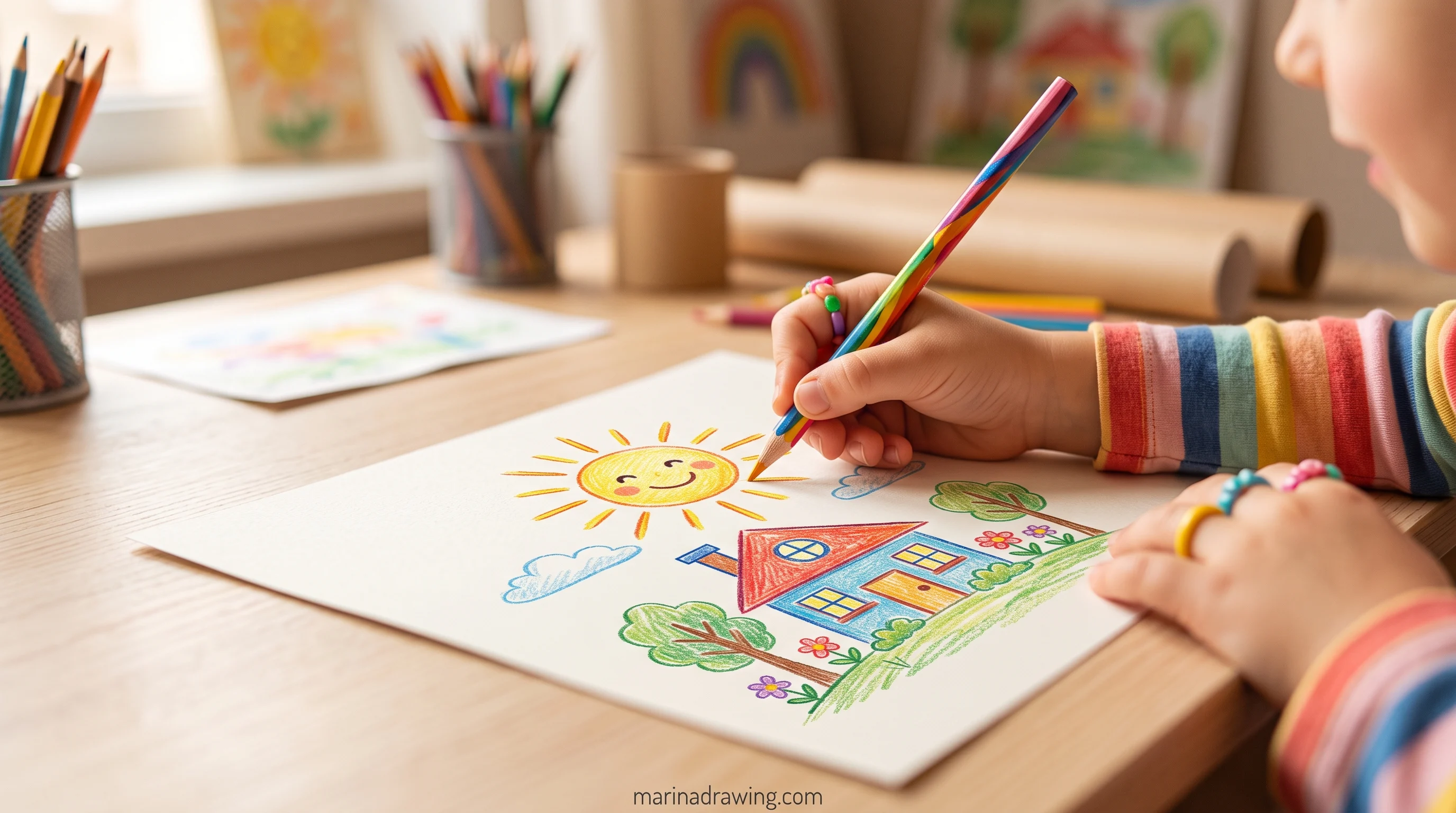 Child's drawing of sun and house