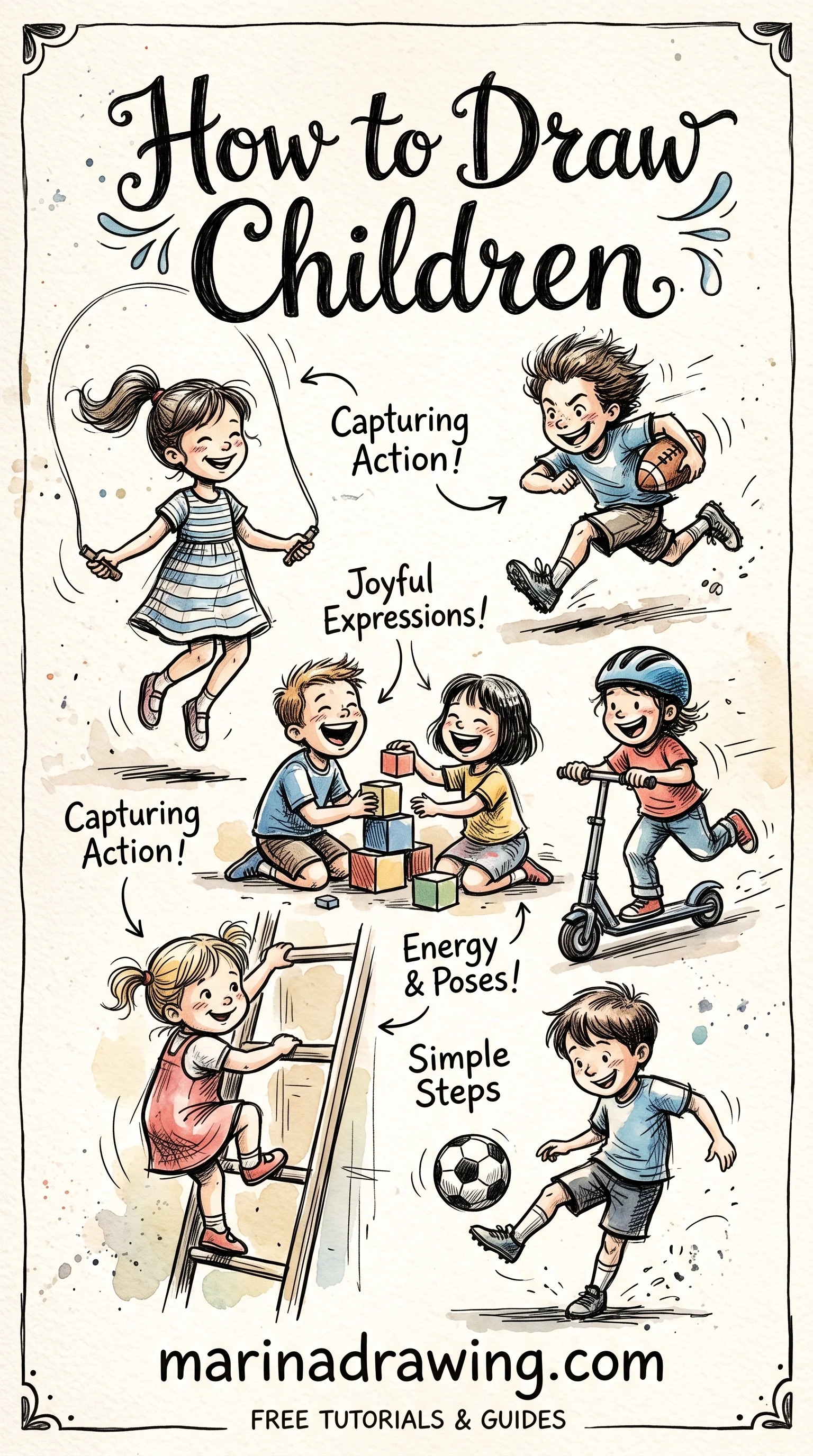 Illustration of children playing, easy drawing style