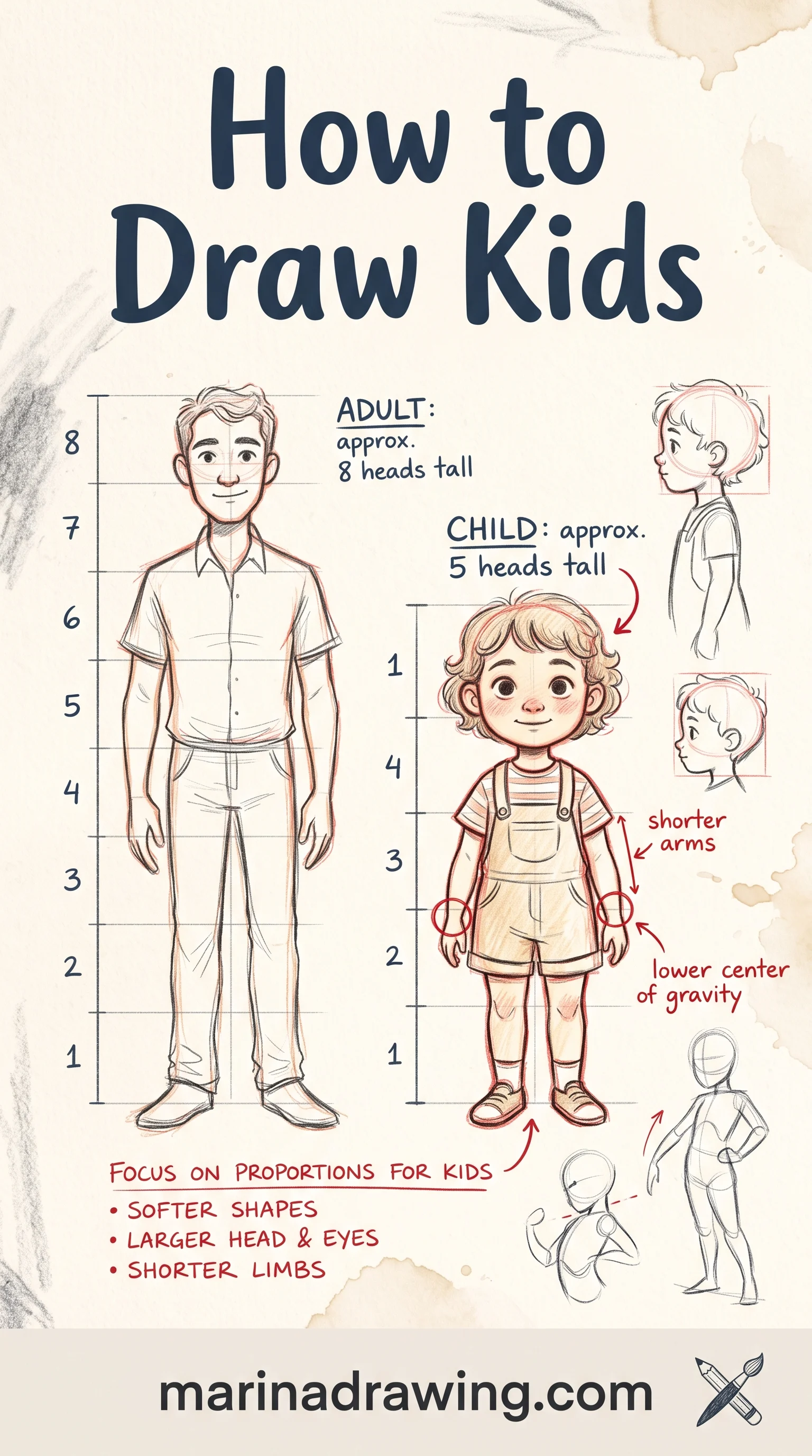 Tutorial showing kids character proportions for drawing