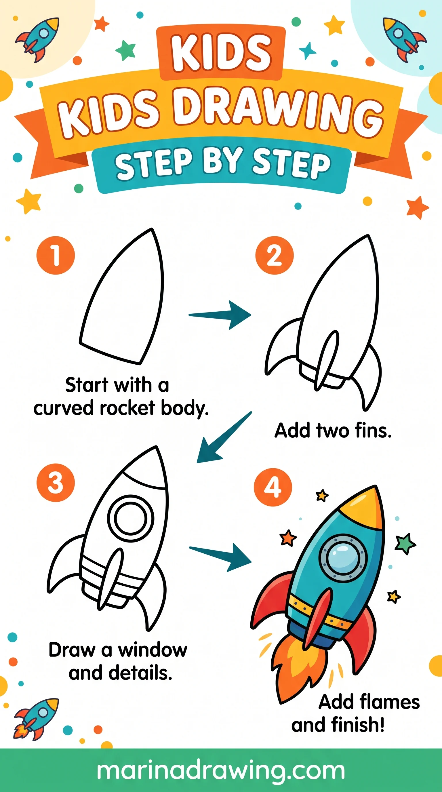 Rocket drawing tutorial step by step for kids