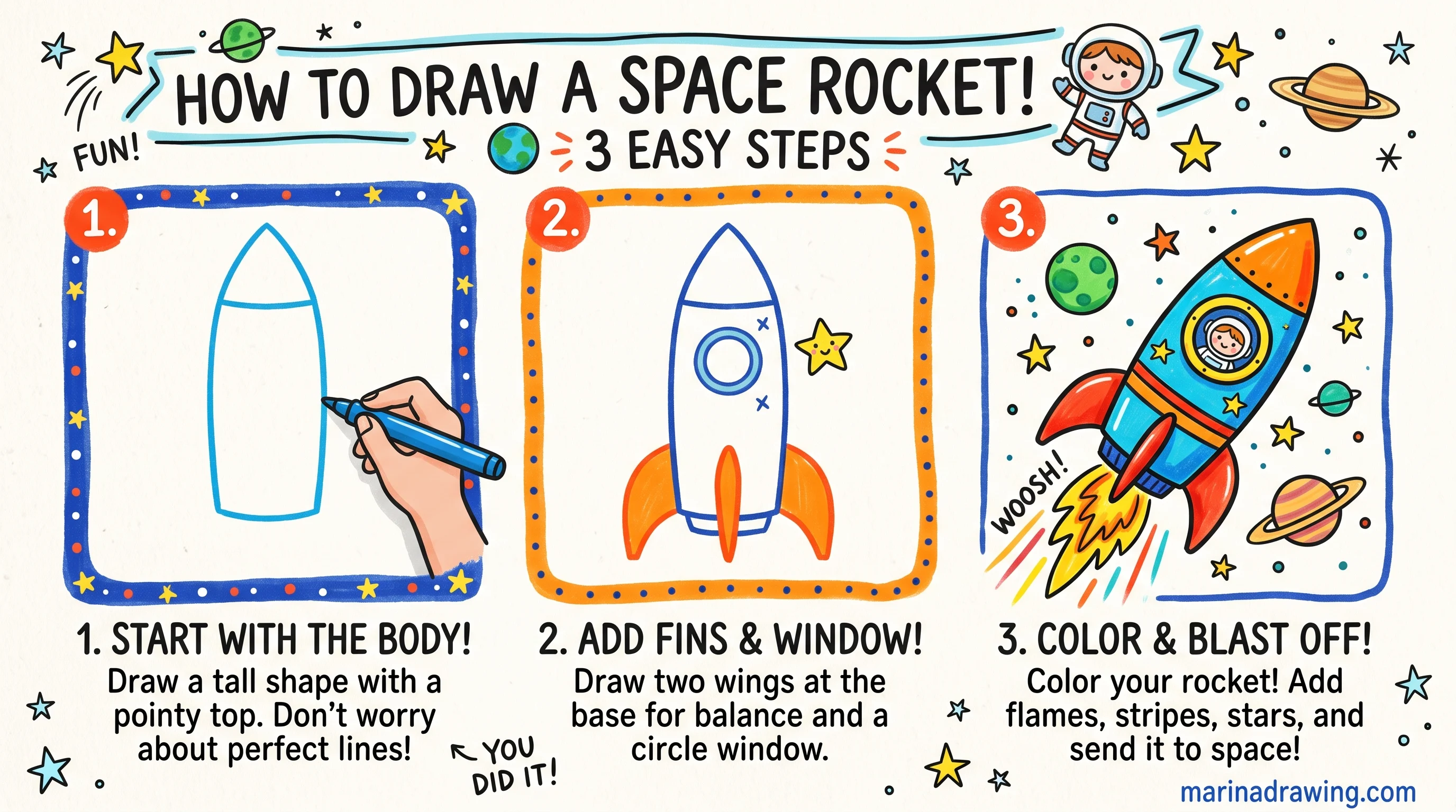 Space rocket drawing steps diagram