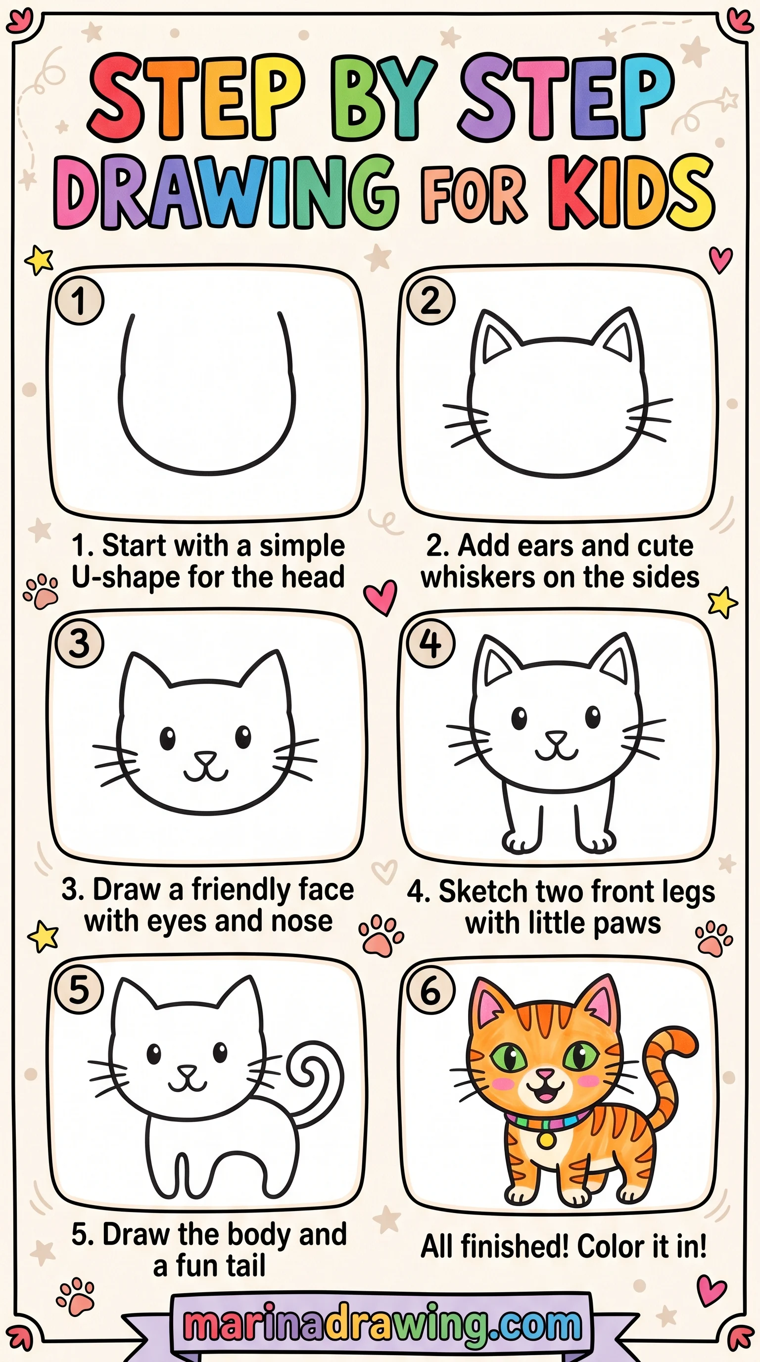 Step by step cat drawing tutorial for kids