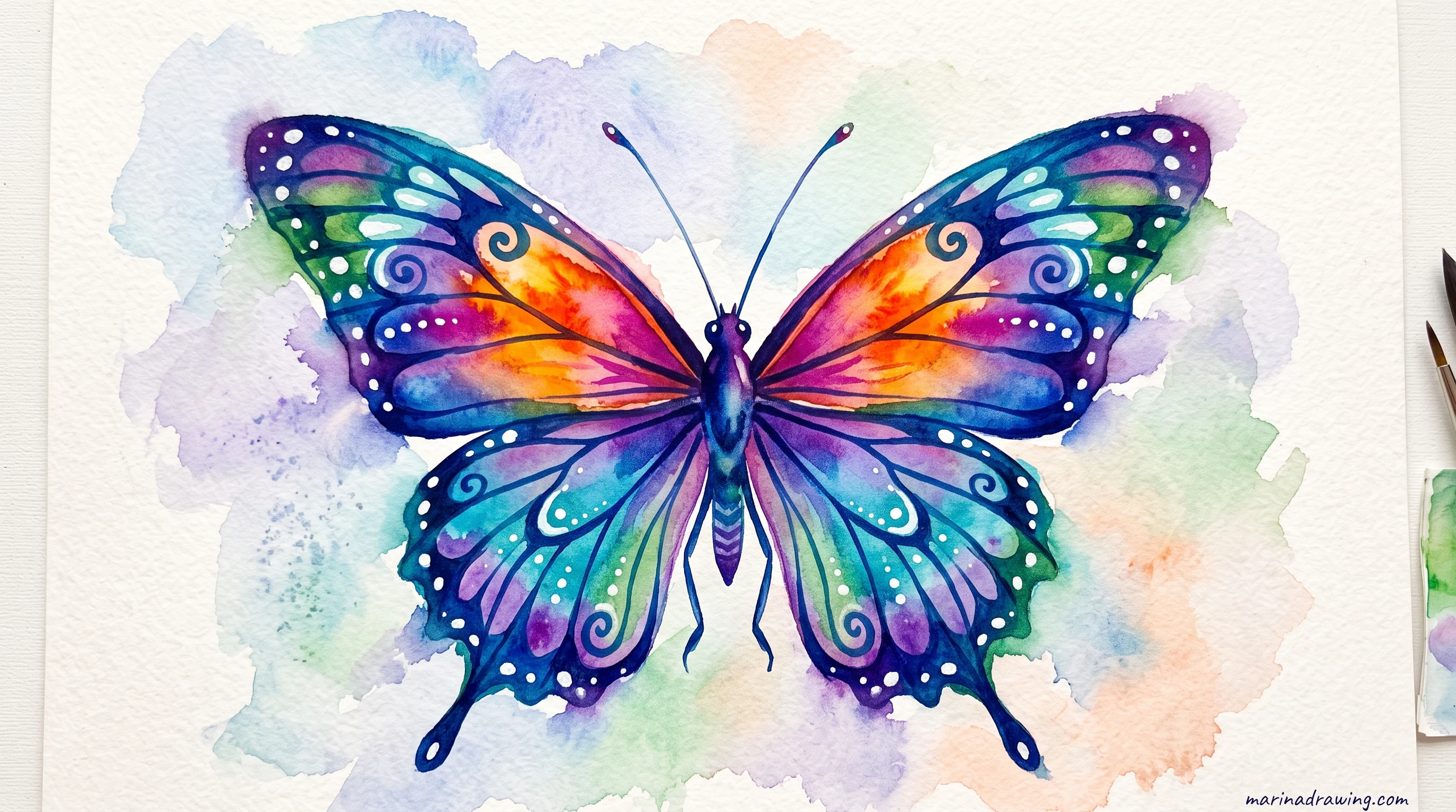 Symmetrical butterfly watercolor drawing