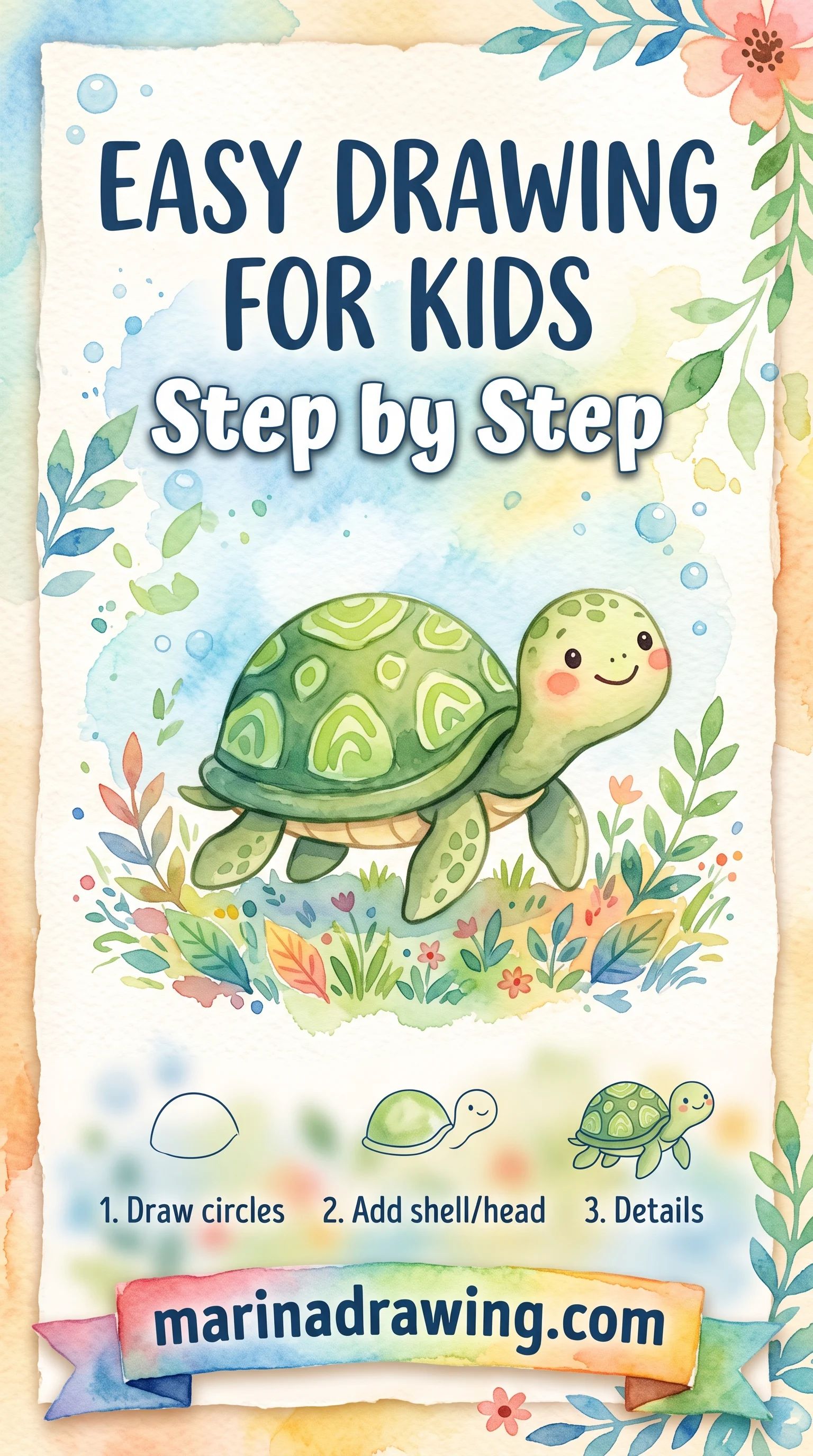 Watercolor painting tutorial of a cute turtle for kids